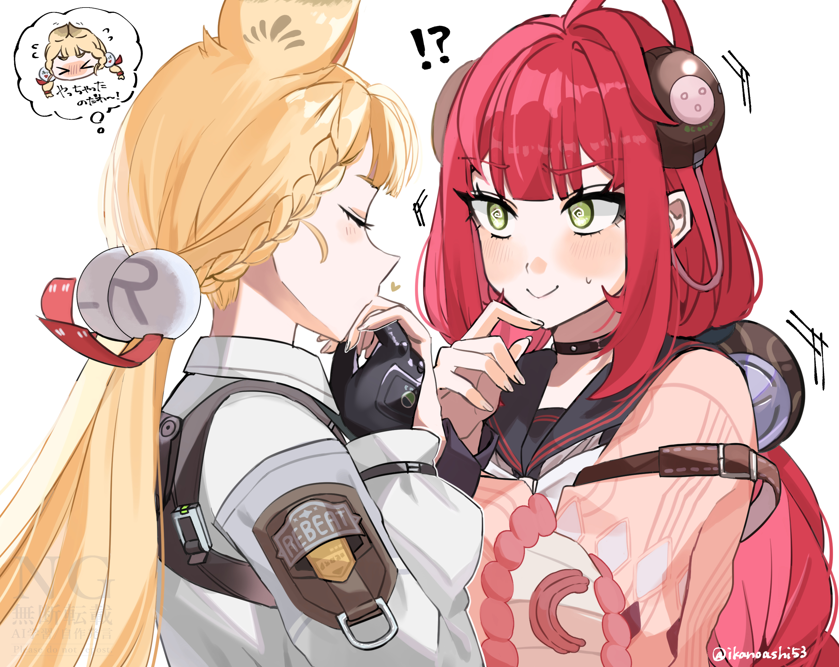 ikanoashi53, alice thymefield, ukinami yuzuha, zenless zone zero, commentary request, highres, 2girls, @ @, animal ears, black choker, black gloves, blonde hair, blush, braid, choker, collared shirt, gloves, green eyes, headphones, heart, holding hands, imagining, kiss, kissing hand, long hair, multiple girls, pink sweater, rabbit ears, red hair, shirt, simple background, smile, sweater, white background, white shirt, yuri