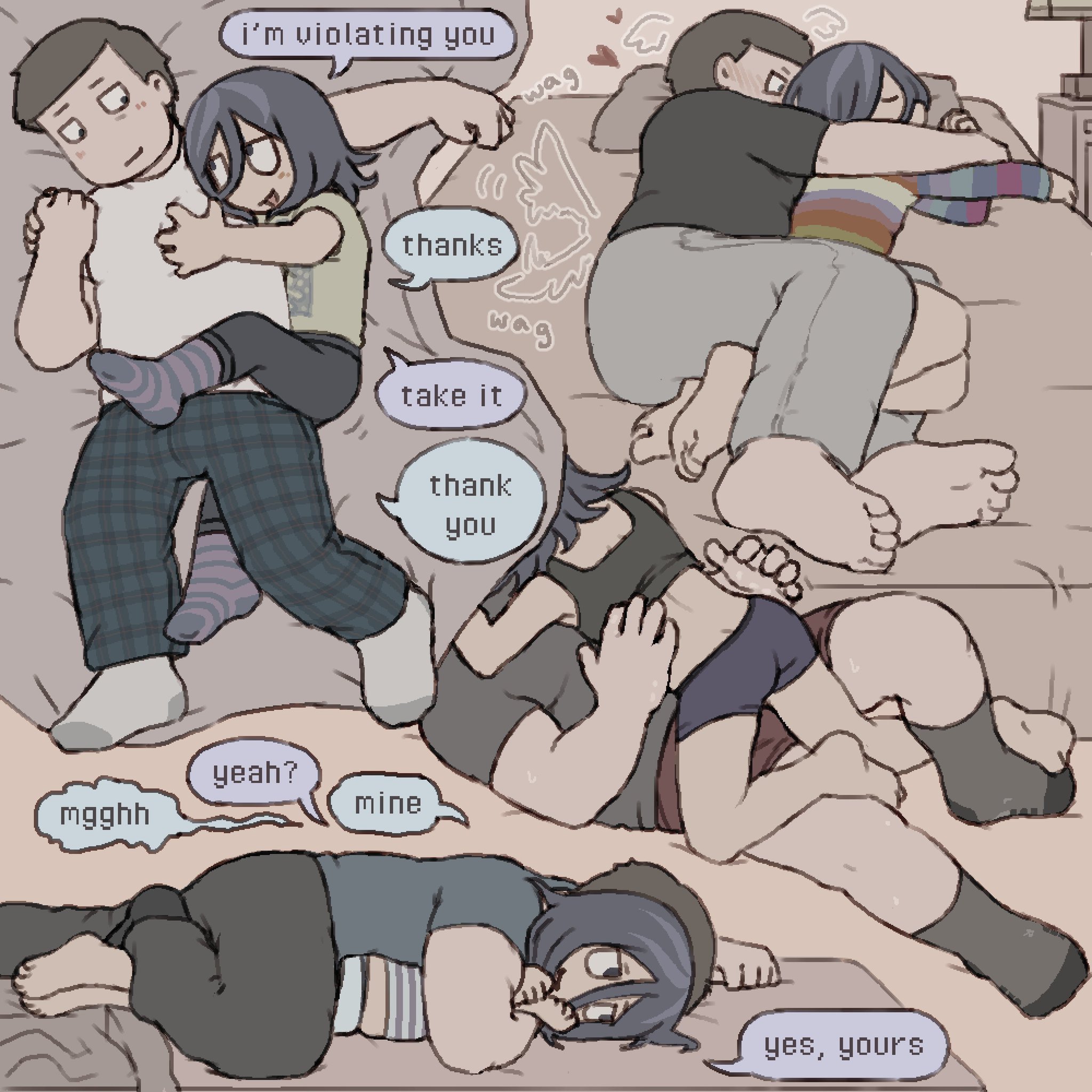 homunculus100, angel martinez, lee smith, clinical trial (game), 1boy, 1girl, affectionate, arm on another's shoulder, bed, bedroom, blush, cuddling, feet, heart, leg on another's leg, leg over body, leg over thigh, legs tied together, plaid clothes, size difference, sleeping, sleeping on person, socks, speech bubble, sports bra, striped clothes, underwear, underwear only