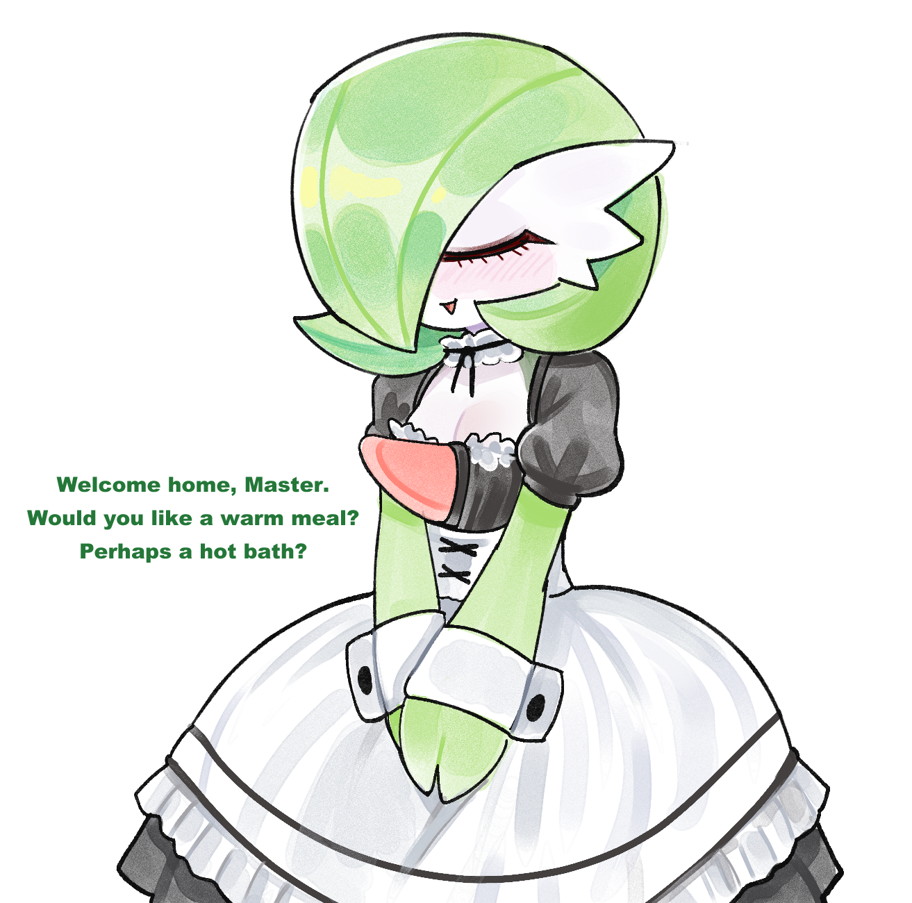drawfag, gardevoir, nintendo, pokemon, archived source, highres, 1girl, apron, blush, bob cut, closed eyes, gen 3 pokemon, green hair, hair over one eye, maid, pokemon (creature), simple background, smile, v arms, white apron, white background, white wrist cuffs, wrist cuffs