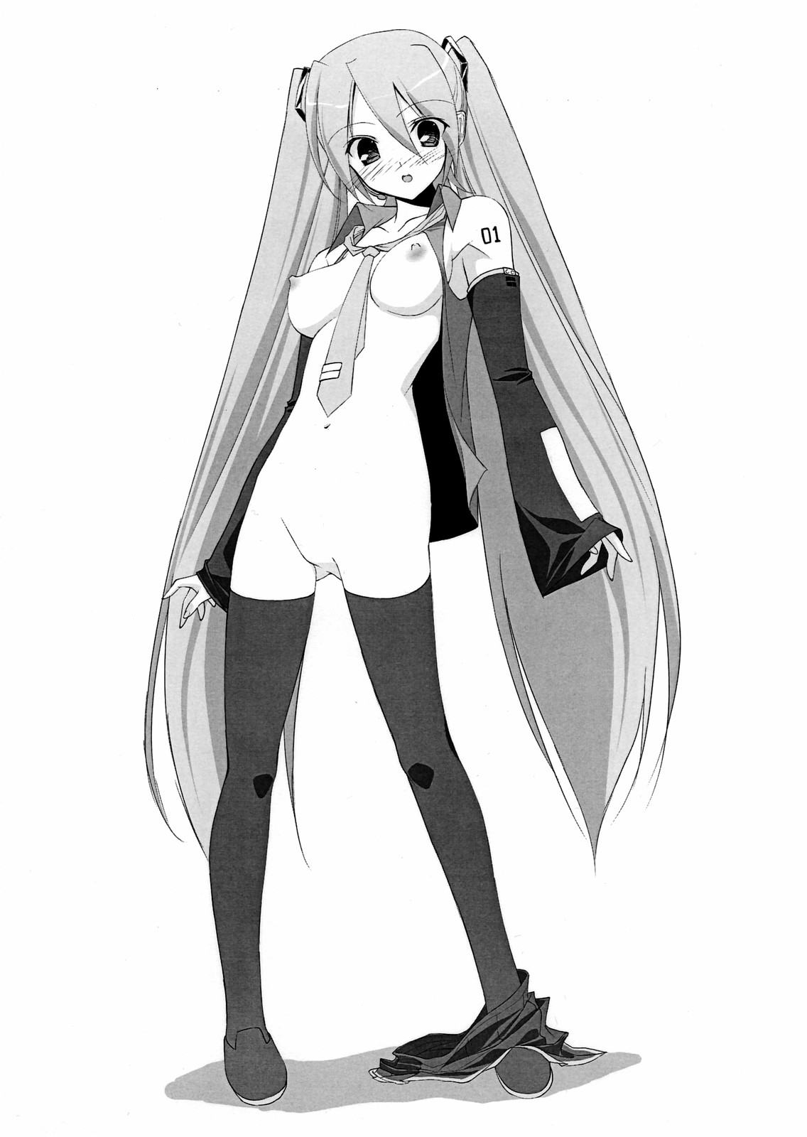 hatsune miku, vocaloid, vocaloid2, highres, blush, breasts, long hair, nude, open clothes, open shirt, shirt, thighhighs, twintails