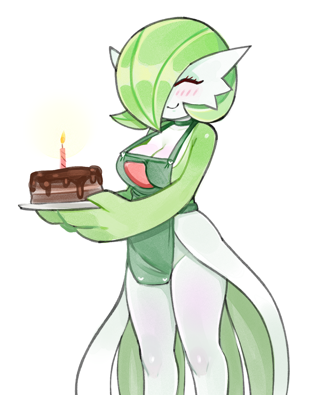 drawfag, gardevoir, nintendo, pokemon, archived source, highres, 1girl, apron, blush, bob cut, breasts, cake, chocolate cake, cleavage, closed eyes, colored skin, dress, food, gen 3 pokemon, green apron, green hair, green skin, hair over one eye, holding, holding cake, holding food, multicolored skin, pokemon (creature), smile, two-tone skin, white dress, white skin