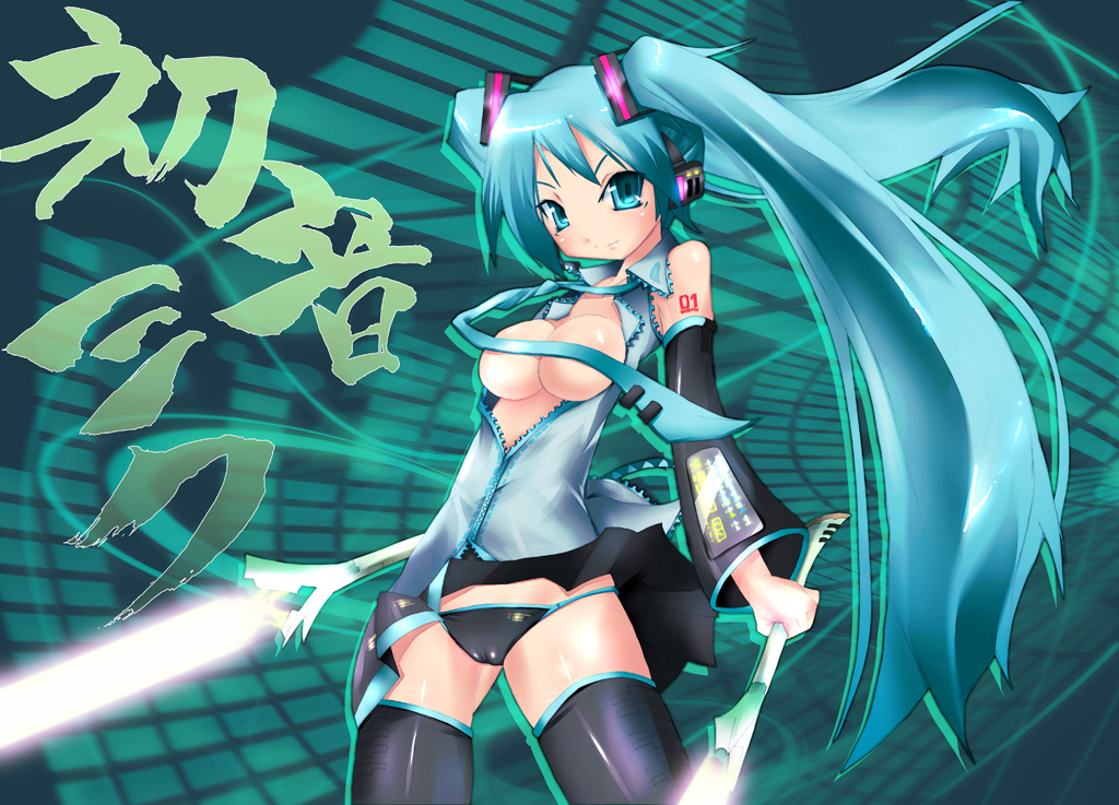 imazon, hatsune miku, vocaloid, vocaloid2, 1girl, aqua background, aqua hair, arms at sides, black panties, black thighhighs, blouse, blush, breasts, cameltoe, collared shirt, female focus, frilled shirt, frills, grey shirt, long hair, medium breasts, midriff, necktie, open clothes, open shirt, panties, pantyshot, shirt, shoulder tattoo, skirt, sleeveless, sleeveless shirt, solo, spring onion, sword, tattoo, themed object, thighhighs, twintails, underwear, very long hair, weapon, zettai ryouiki