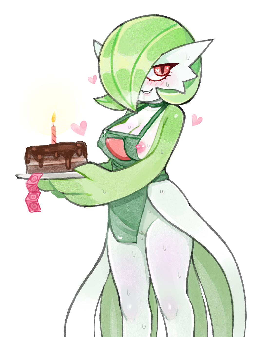 drawfag, gardevoir, nintendo, pokemon, archived source, highres, 1girl, apron, blush, bob cut, breasts, cake, candle, chocolate cake, cleft of venus, condom, condom wrapper, dress, food, gen 3 pokemon, green apron, green hair, hair over one eye, heart, holding, holding cake, holding food, looking at viewer, nipples, pink eyes, pokemon (creature), pussy, simple background, smile, sweat, white background, white dress