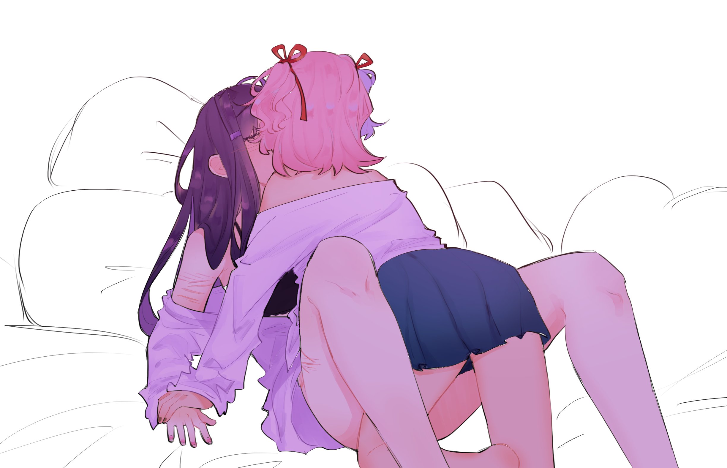 pockiseisont, natsuki (doki doki literature club), yuri (doki doki literature club), doki doki literature club, commentary, english commentary, highres, 2girls, between legs, blue skirt, blush, closed eyes, holding hands, long hair, multiple girls, off shoulder, pillow, pink hair, pleated skirt, purple hair, purple shirt, self-harm scar, shirt, short hair, skirt, yuri