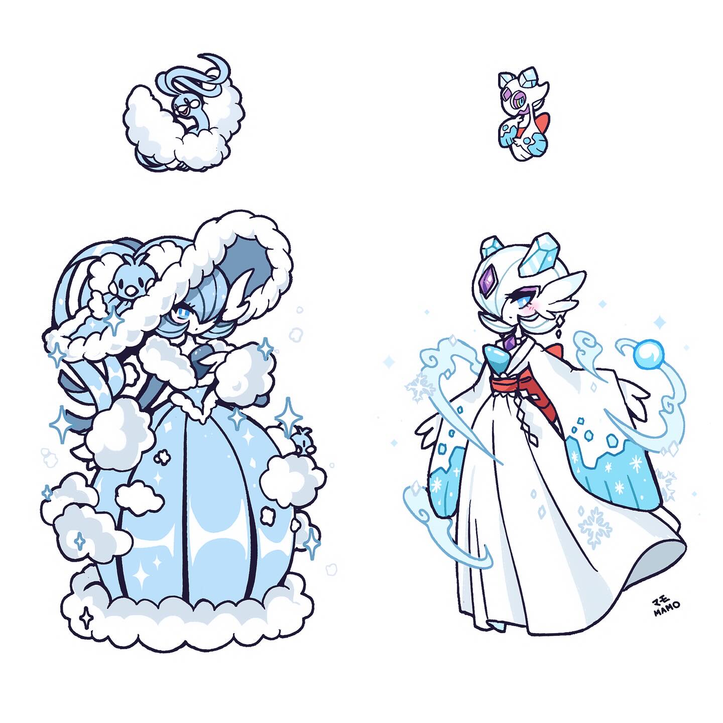 mamobot, altaria, froslass, gardevoir, mega gardevoir, nintendo, pokemon, highres, 2girls, blue dress, blue eyes, blue hair, bob cut, dress, fusion, gen 3 pokemon, gen 4 pokemon, hat, japanese clothes, kimono, mega pokemon, multiple girls, pokemon (creature), signature, simple background, sparkle, white background, wide sleeves
