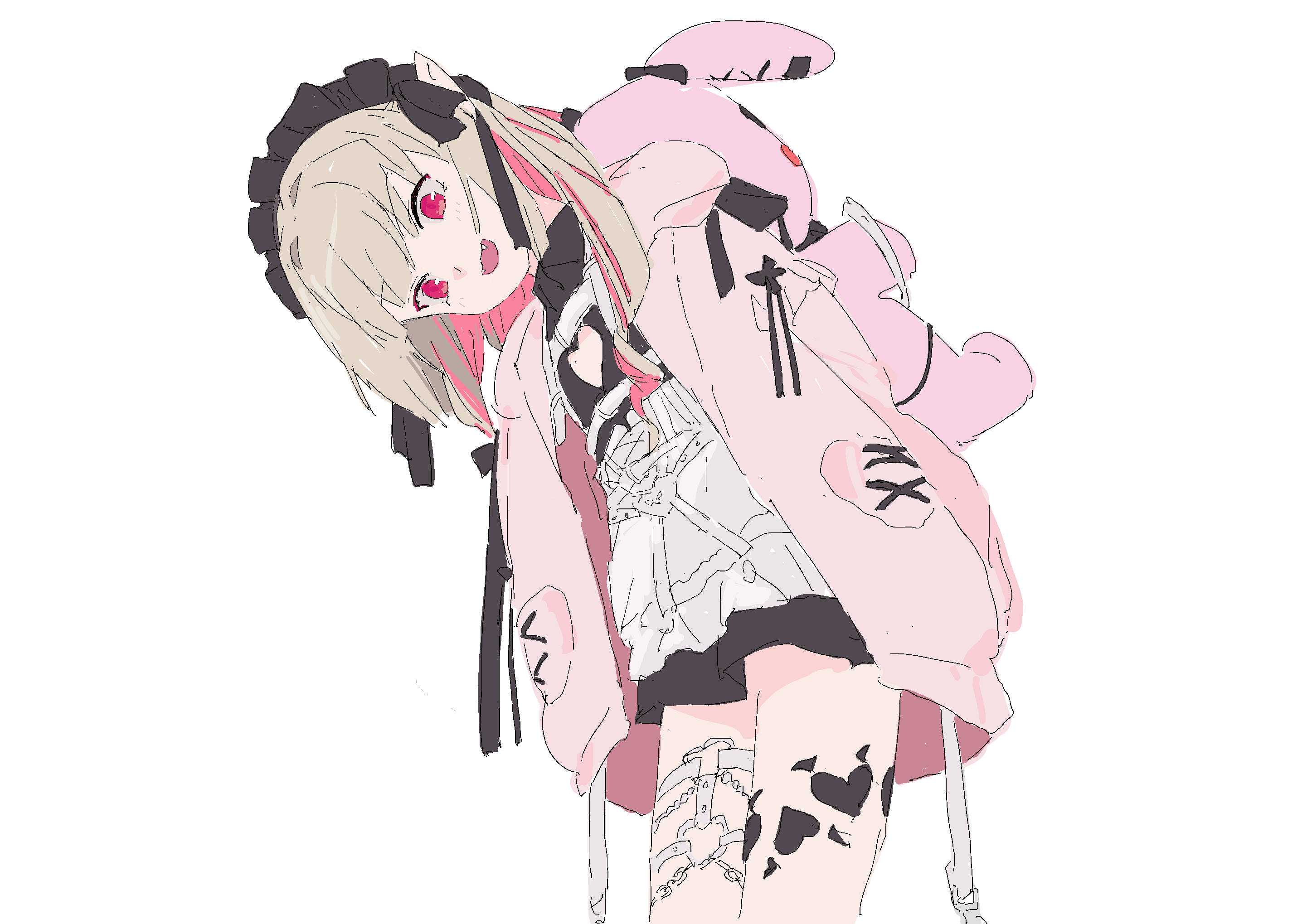 mmmkawaine, makaino ririmu, makaino ririmu (5th costume), nijisanji, highres, 1girl, apron, black dress, black headdress, blush, clothing cutout, dress, heart, heart cutout, heart tattoo, jacket, leg tattoo, long hair, looking at viewer, maid headdress, multicolored hair, open mouth, pink hair, pink jacket, pointy ears, red eyes, simple background, smile, solo, streaked hair, stuffed animal, stuffed rabbit, stuffed toy, tattoo, thigh strap, two-tone hair, virtual youtuber, white background, winged heart, winged heart tattoo