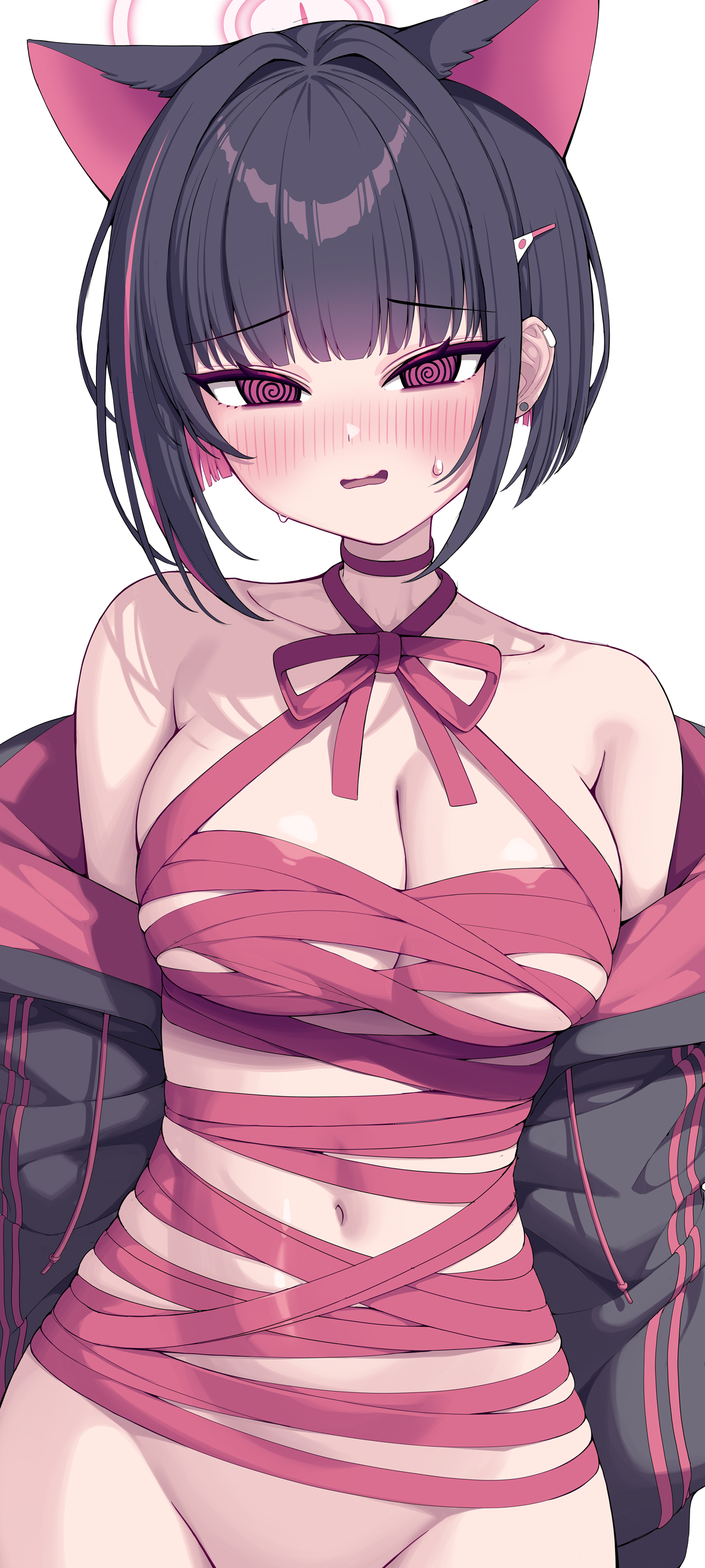 metaljelly, kazusa (blue archive), blue archive, absurdres, commentary, hashtag-only commentary, highres, symbol-only commentary, 1girl, @ @, black hair, black jacket, blush, breasts, collarbone, groin, hair ornament, hairclip, halo, jacket, large breasts, looking at viewer, multicolored hair, naked ribbon, navel, open mouth, out-of-frame censoring, pink hair, pink halo, red eyes, red ribbon, ribbon, short hair, solo, two-tone hair
