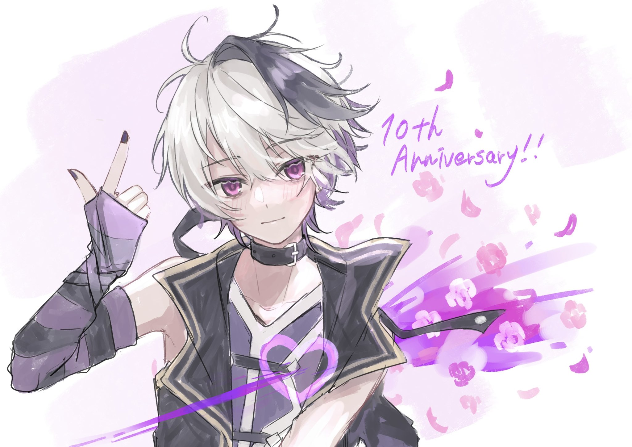 flower (vocaloid), flower (vocaloid4), vocaloid, commentary request, highres, 1girl, anniversary, antenna hair, bare shoulders, black arm warmers, black collar, black hair, black jacket, black nails, closed mouth, collar, collarbone, colored inner hair, double-parted bangs, flat chest, flower, hair between eyes, hand up, heart, index finger raised, jacket, looking at viewer, multicolored hair, nail polish, open clothes, open jacket, pink background, pink eyes, pink flower, pink rose, purple arm warmers, purple hair, purple shirt, rose, shirt, short hair, shu komadori, simple background, sleeveless, sleeveless jacket, sleeveless shirt, smile, solo, streaked hair, striped arm warmers, v-neck, white background, white hair