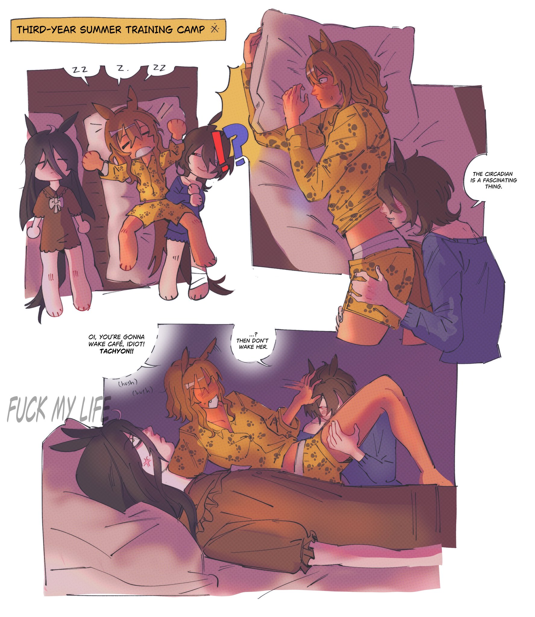 agnes tachyon (umamusume), jungle pocket (umamusume), manhattan cafe (umamusume), umamusume, commentary, english commentary, highres, 11gowon, 3girls, anger vein, animal ears, barefoot, black hair, blue shirt, blush, brown dress, brown hair, dress, english text, fang, horse ears, horse girl, horse tail, kissing back, kissing leg, medium hair, multiple girls, open mouth, paw print, print shirt, shirt, shorts, sleeping, smile, speech bubble, spoken zzz, sweat, tail, yellow shirt, yellow shorts, yuri, zzz