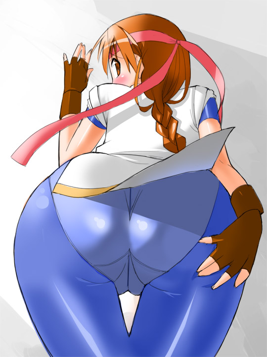 yuri sakazaki, ryuuko no ken, snk, the king of fighters, 1girl, ass, ass focus, bent over, blush, braid, brown eyes, brown hair, dougi, female focus, fingerless gloves, gloves, grabbing own ass, headband, long hair, looking back, panties, plait, single braid, solo, spandex, thigh gap, thighs, underwear, very long hair