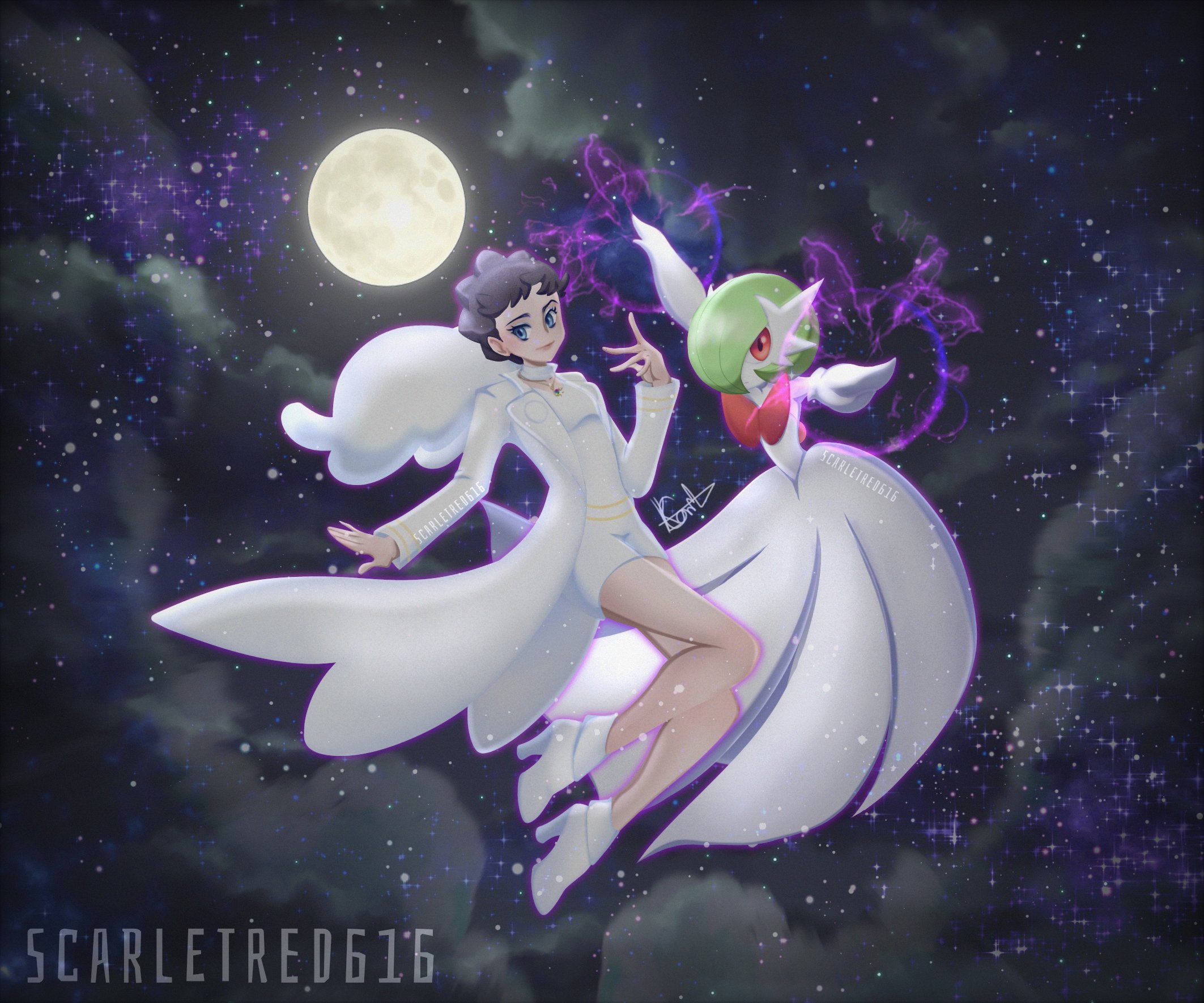 scarletred616, diantha (pokemon), gardevoir, mega gardevoir, nintendo, pokemon, pokemon xy, highres, 2girls, artist name, blue eyes, bob cut, brown hair, dress, full moon, gen 3 pokemon, green hair, hair over one eye, high heels, jacket, mega pokemon, moon, multiple girls, night, night sky, pink eyes, pokemon (creature), shoes, shorts, signature, sky, white dress, white jacket, white shoes, white shorts
