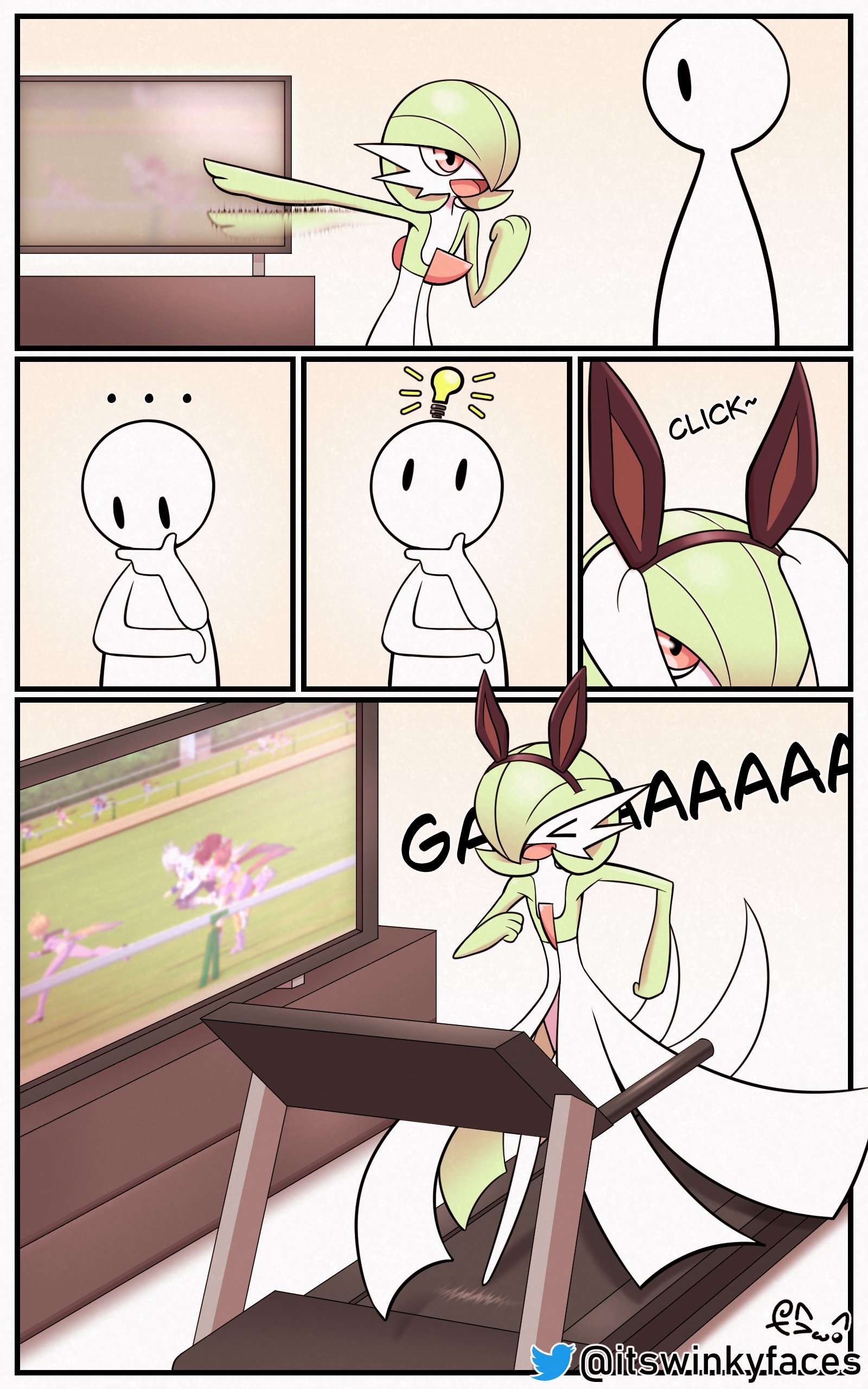 winkyfaces, gardevoir, nintendo, pokemon, umamusume, absurdres, highres, …, animal ear hairband, animal ears, artist name, black eyes, bob cut, closed eyes, colored skin, dress, fake animal ears, game screenshot inset, gen 3 pokemon, green hair, green skin, hair over one eye, hairband, light bulb, multicolored skin, open mouth, pokemon (creature), signature, smile, television, thinking, treadmill, two-tone skin, white dress, white skin