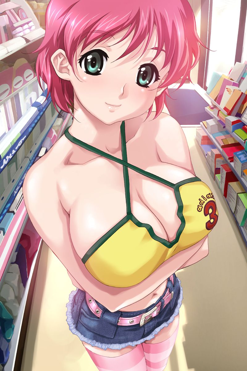 happoubi jin, iihara nao, resort boin, game cg, highres, 00s, 1girl, belt, blush, breasts, breasts squeezed together, cleavage, clothes writing, denim, female focus, halterneck, huge breasts, midriff, pink hair, pink thighhighs, red hair, short hair, shorts, skirt, solo, standing, striped clothes, striped thighhighs, thighhighs
