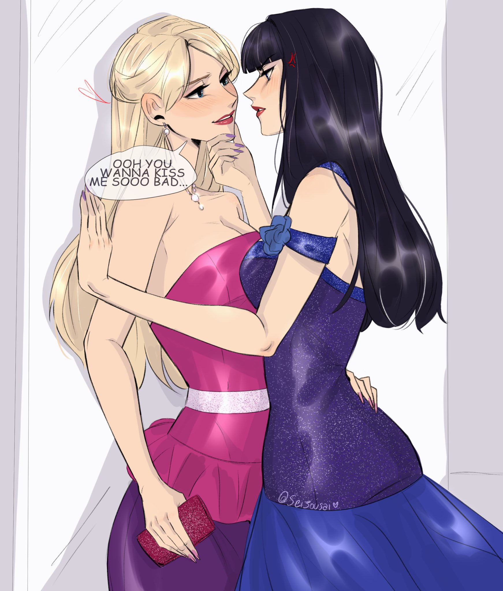 seijousai, barbie (character), barbie: fairytopia, barbie (franchise), commentary, english commentary, highres, 2girls, black hair, blonde hair, blue dress, breasts, cleavage, dress, english text, grabbing another's chin, hand on another's chin, long hair, multiple girls, raquelle (barbie), red lips, speech bubble, yuri