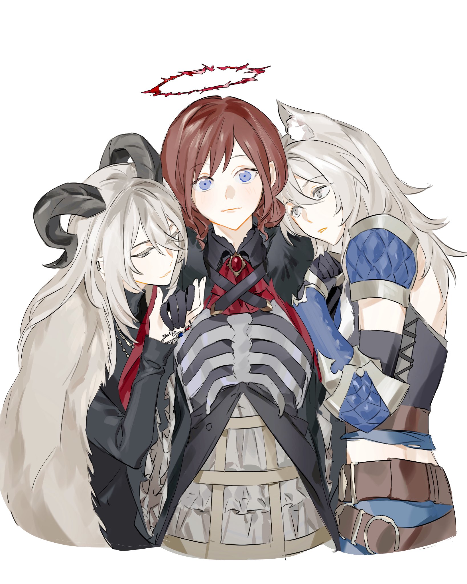 iseri nina, kawaragi momoka, girls band cry, commentary request, highres, 3girls, animal ears, armor, belt, black gloves, blue eyes, closed mouth, demon horns, dual persona, earclip, girl sandwich, girls band cry rpg, gloves, grey eyes, grey hair, halo, holding hands, horns, kemonomimi mode, long hair, long sleeves, multiple belts, multiple girls, red brooch, red hair, red shirt, sandwiched, sarino1022dayo, shirt, short twintails, twintails, wolf ears, yuri