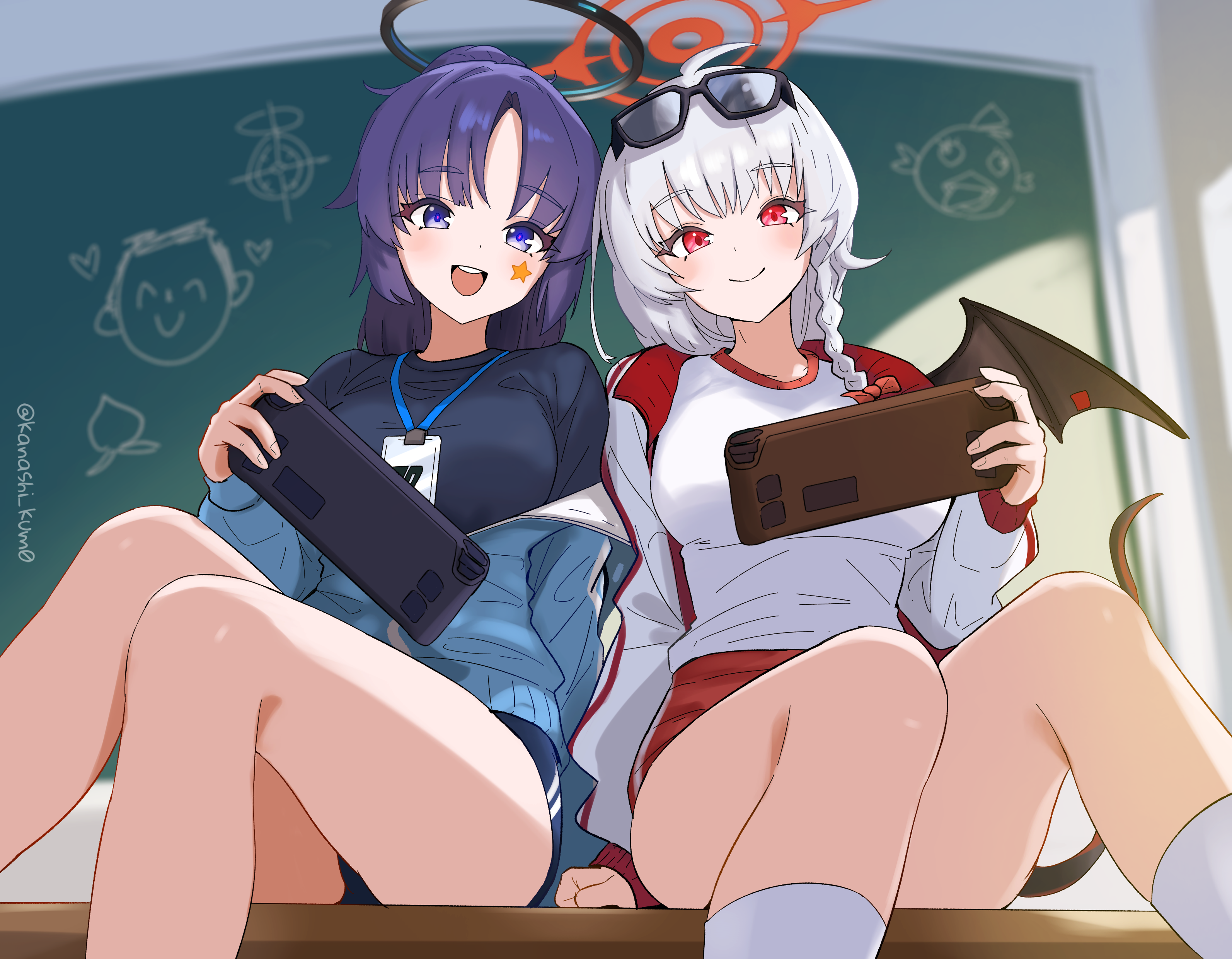 kanashi kum0, doodle sensei (blue archive), haruna (blue archive), haruna (track) (blue archive), peroro (blue archive), sensei (blue archive), yuuka (blue archive), yuuka (track) (blue archive), blue archive, absurdres, highres, 2girls, black shirt, black tail, black wings, blue buruma, braid, breasts, buruma, chalkboard, classroom, demon wings, eyewear on head, grey hair, gym shirt, gym uniform, hair down, halo, indoors, jacket, jacket partially removed, large breasts, long hair, long sleeves, looking at viewer, mechanical halo, multiple girls, official alternate costume, official alternate hairstyle, open clothes, open jacket, partially unzipped, piercing, purple eyes, purple hair, red buruma, red eyes, red halo, shirt, side braid, single wing, sitting, smile, star (symbol), star sticker, sticker, sticker on face, track jacket, white shirt, wing piercing, wings