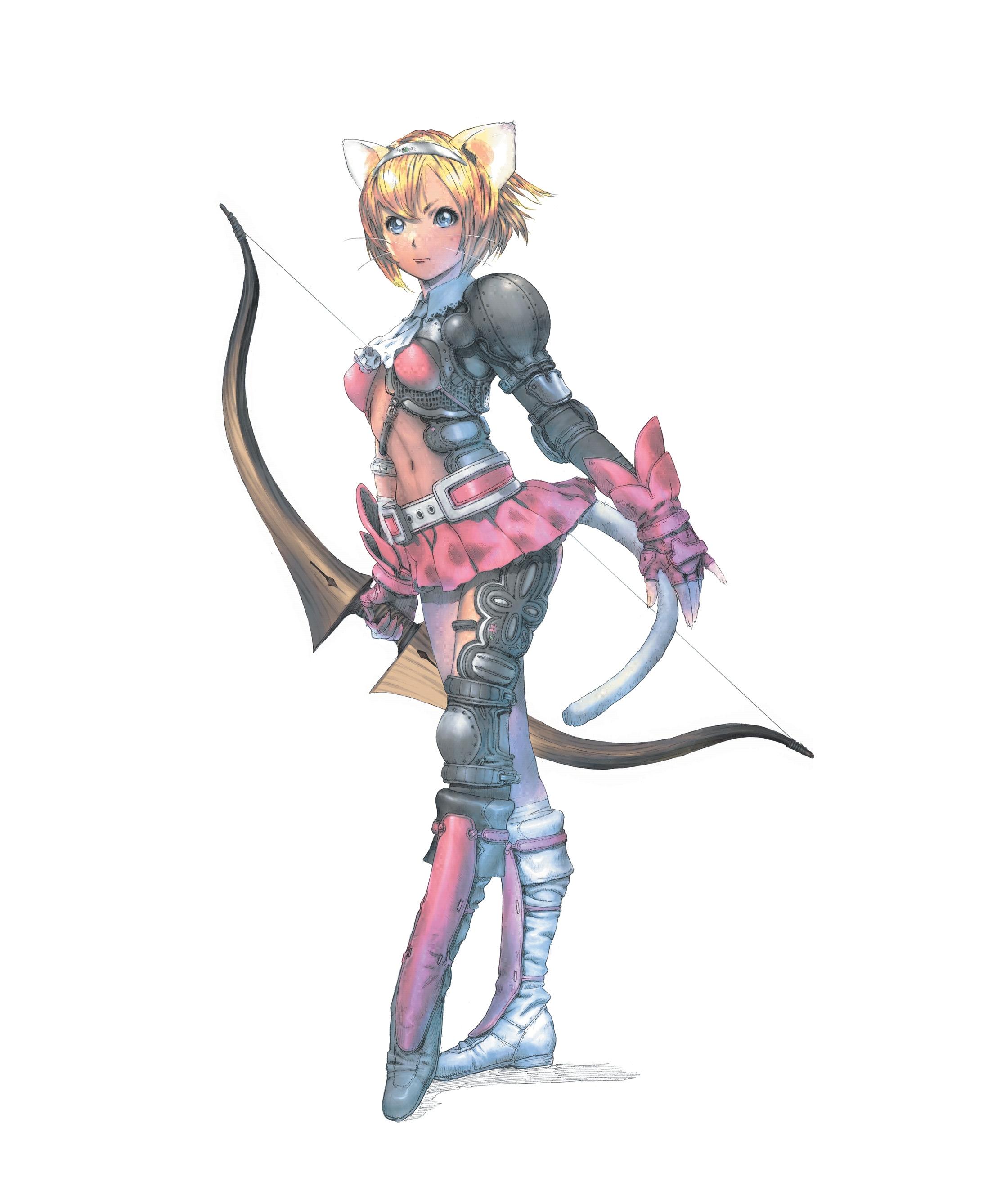 yasuda akira, yuno (brave story), brave story, brave story: aratanaru tabibito, toe-point, absurdres, highres, official art, scan, 1girl, animal ears, armor, ascot, blonde hair, blue eyes, bob cut, boots, bow (weapon), breasts, brown hair, cat, cat ears, cat tail, female focus, fingerless gloves, flat chest, gloves, hairband, knee boots, midriff, monster girl, navel, pleated skirt, short hair, simple background, skirt, solo, standing, tail, thighhighs, weapon, whiskers
