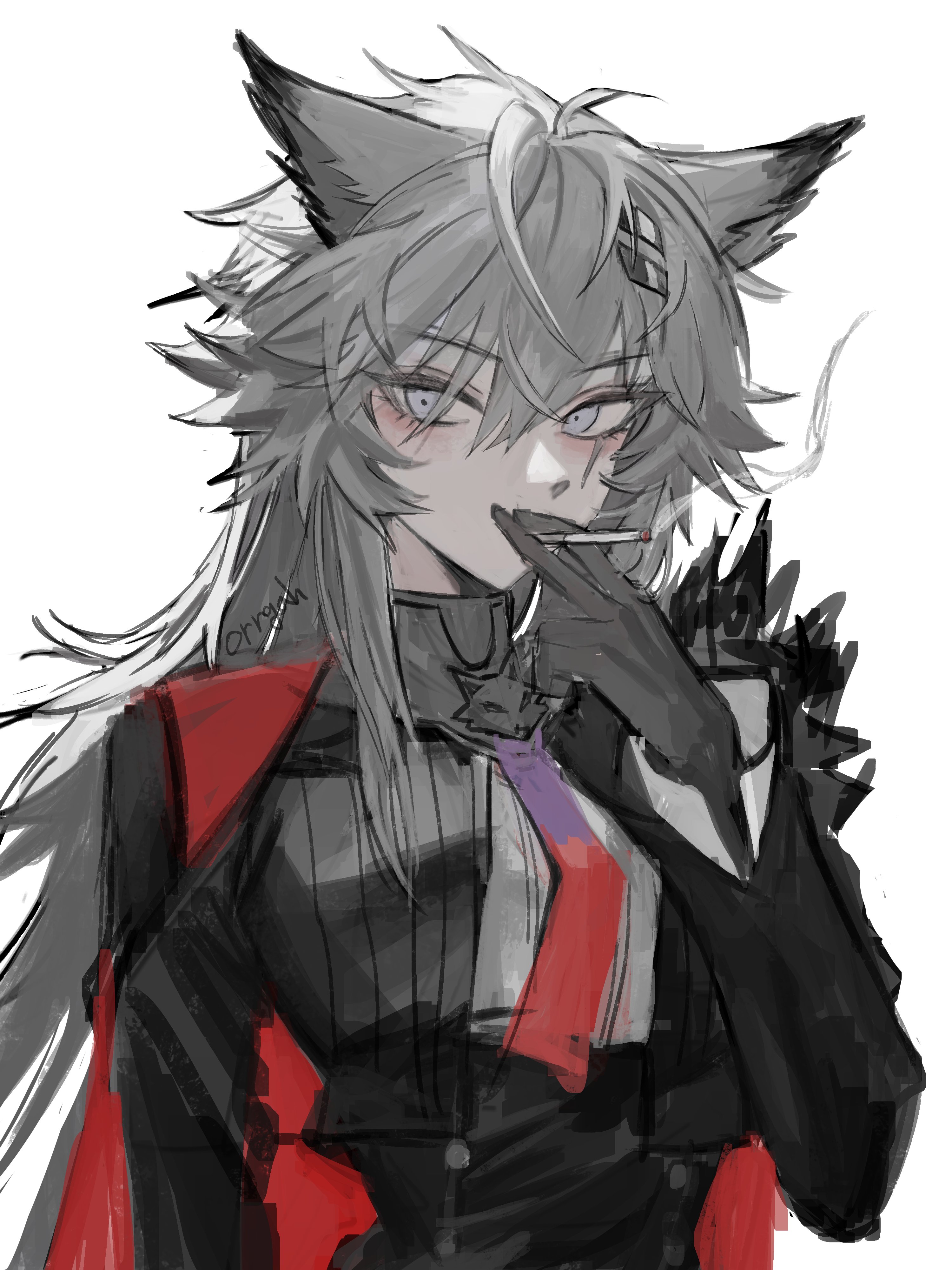 orrga, lappland (arknights), lappland the decadenza (arknights), arknights, absurdres, commentary, english commentary, highres, 1girl, animal ears, black gloves, bolo tie, cape, cigarette, gloves, grey eyes, grey hair, hair between eyes, hair ornament, hairclip, long hair, long sleeves, looking at viewer, red cape, scar, scar across eye, scar on face, simple background, sketch, smoke, smoking, solo, upper body, white background, wolf ears, wolf girl