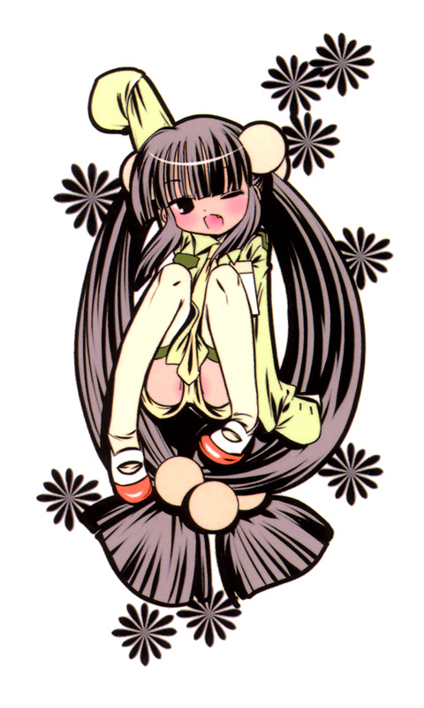 watashiya kaworu, kagami kuro, kokonoe rin, kodomo no jikan, official art, 1girl, black eyes, blush, braid, brown hair, cosplay, fang, fangs, female focus, flat chest, flower, hair bobbles, hair ornament, kokonoe rin (cosplay), loli, long hair, one eye closed, ribbon, shoes, solo, thighhighs, twintails, uwabaki, very long hair, wink, zettai ryouiki