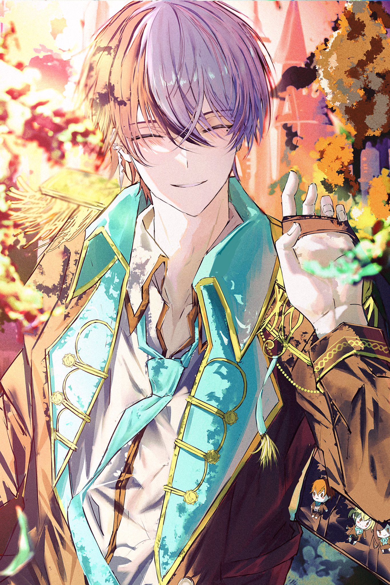 ewo 1, aoyagi touya, project sekai, commentary, highres, 1boy, aqua necktie, blue hair, closed eyes, collared shirt, epaulettes, facing viewer, hand up, long sleeves, male focus, mole, mole under eye, multicolored hair, necktie, official alternate costume, shirt, short hair, smile, solo, split-color hair, turning pain into drive (project sekai), two-tone hair, upper body