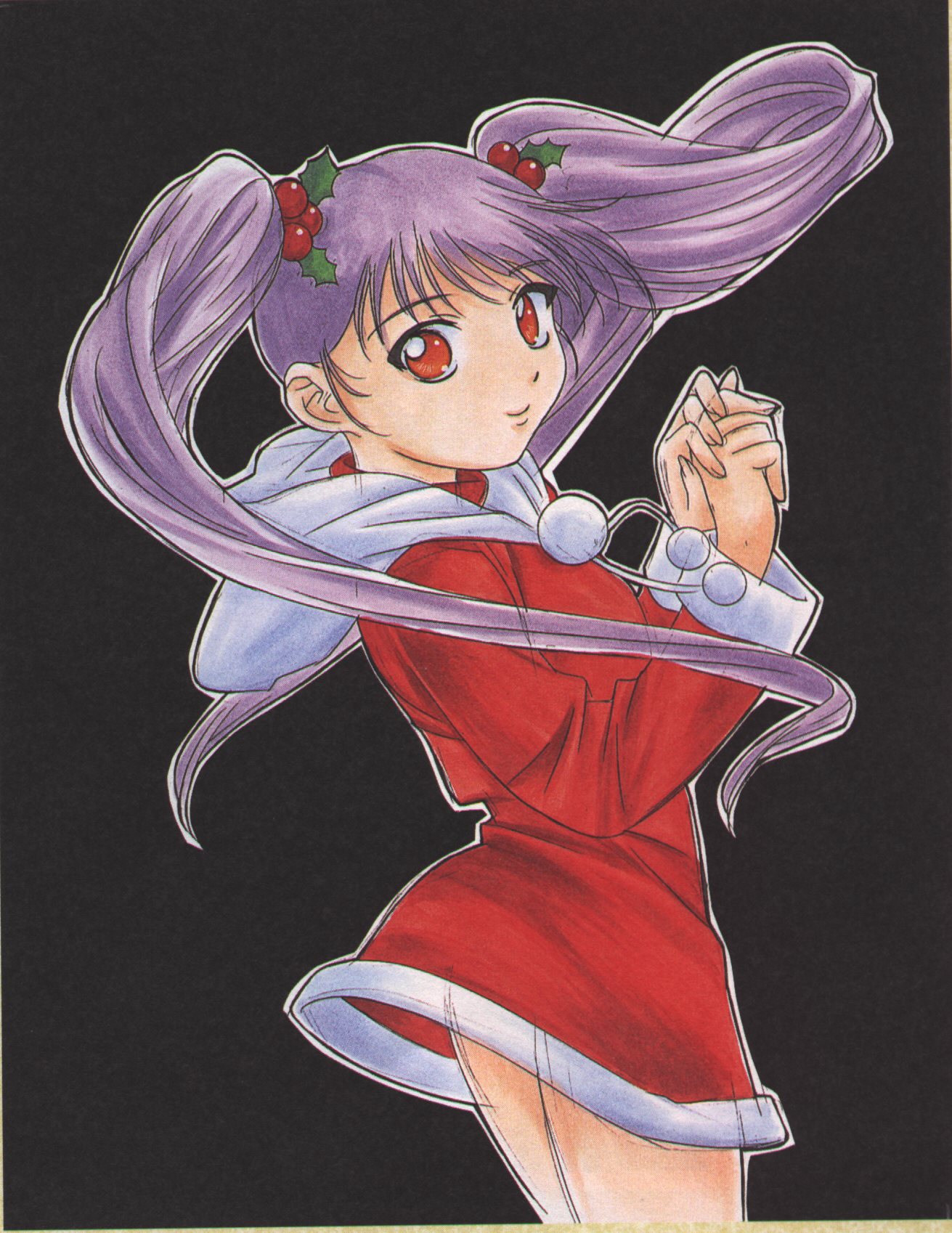 hoshino ruri, kidou senkan nadesico, highres, christmas, dress, purple hair, red dress, red eyes, simple background, twintails