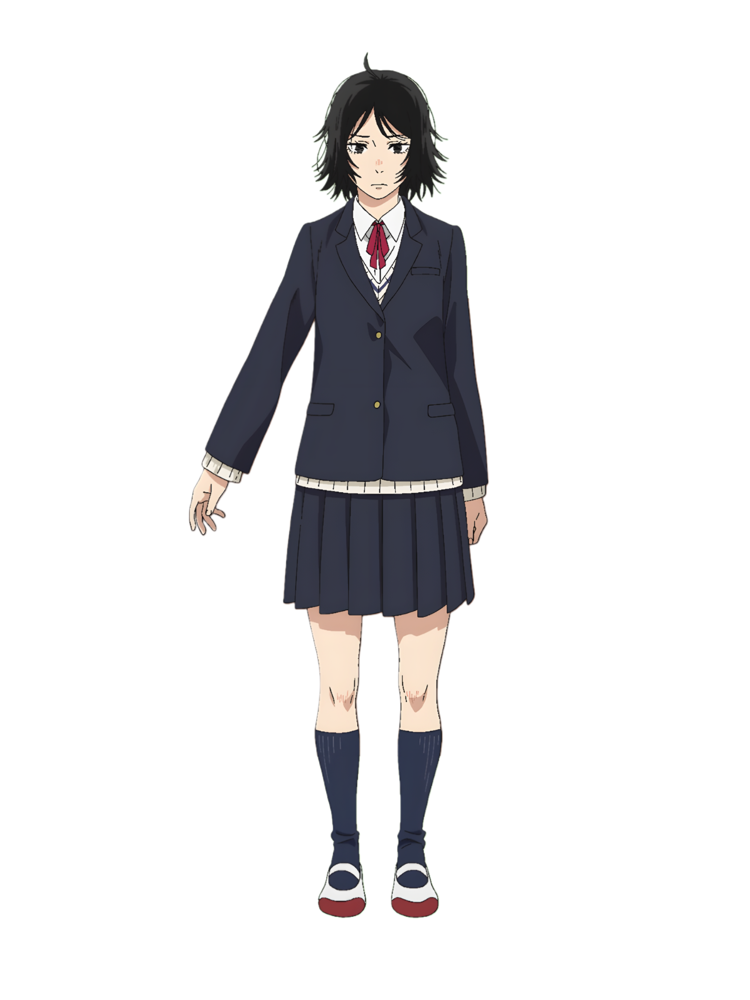 ehara mitsuko, imouto no ane, absurdres, highres, non-web source, official art, 1girl, ahoge, black hair, black jacket, black skirt, black socks, closed mouth, collared shirt, jacket, long sleeves, looking at viewer, neckerchief, red neckerchief, school uniform, serious, shirt, shoes, short hair, skirt, socks, solo, transparent background, white shirt