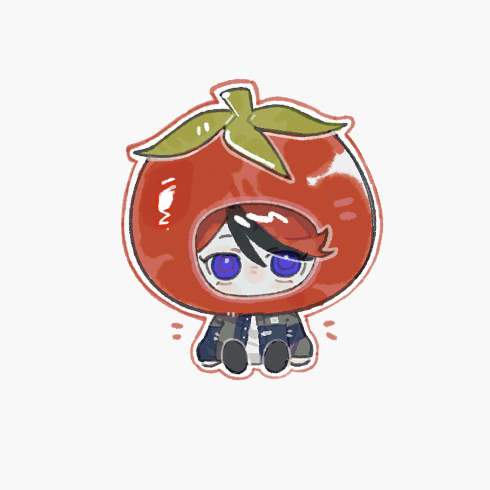 g-192, sumino takumi, the hundred line -last defense academy-, chinese commentary, commentary request, 1boy, black hair, black shoes, blue eyes, blue jacket, chibi, chibi only, food-themed hat, grey jacket, hair between eyes, jacket, long sleeves, looking at viewer, male focus, multicolored hair, multicolored jacket, no mouth, open clothes, open jacket, red hair, shirt, shoes, short hair, simple background, sitting, solo, streaked hair, two-tone hair, two-tone jacket, white background, white shirt