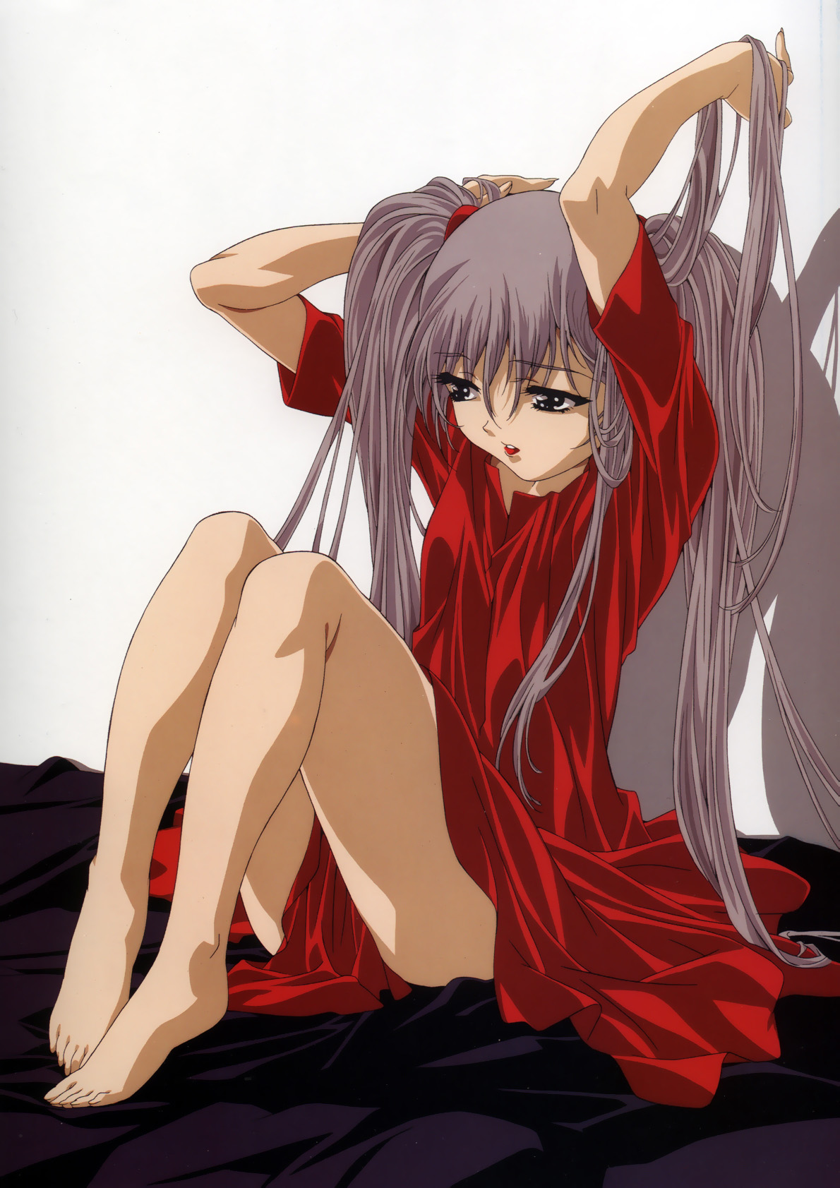 gotou keiji, hoshino ruri, kidou senkan nadesico, highres, dress, purple hair, red dress, sitting, twintails, yellow eyes