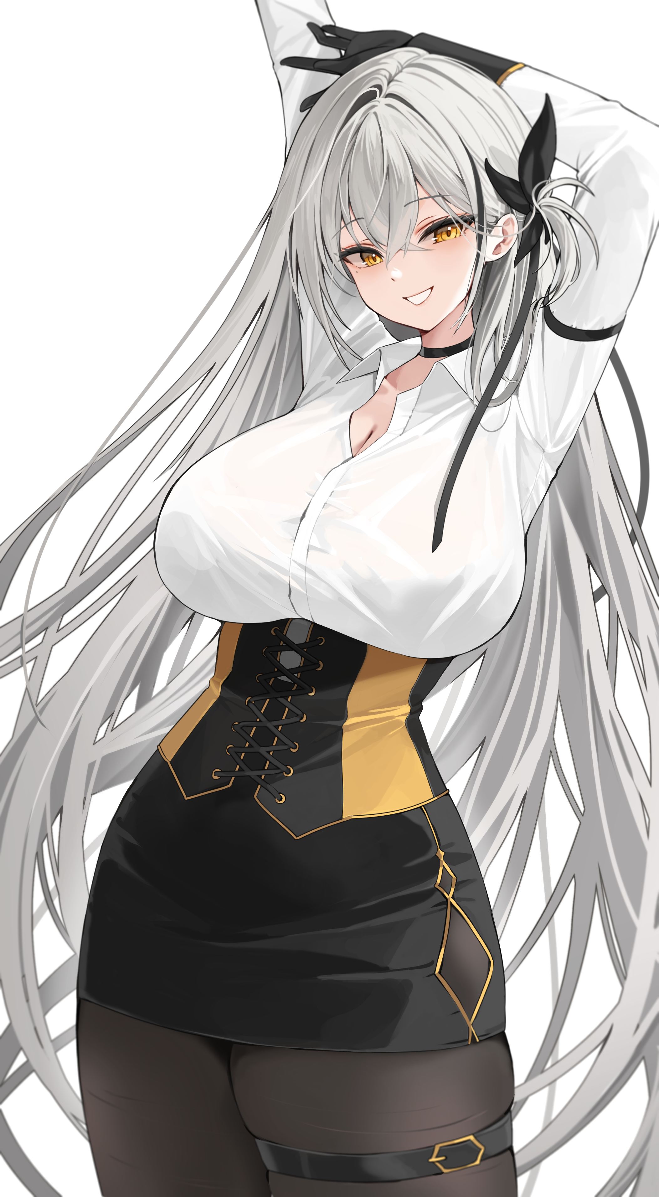 sayan, original, absurdres, commentary request, commission, highres, pixiv commission, 1girl, arm strap, arms up, belt, black choker, black gloves, black pantyhose, black straps, breasts, choker, cleavage, collared shirt, corset, criss-cross strings, gloves, grey hair, large breasts, long hair, long sleeves, looking at viewer, mole, mole under eye, pantyhose, parted lips, shirt, single hair intake, skirt, smile, solo, standing, thigh belt, thigh strap, thighs, very long hair, white background, white hair, white shirt, yellow eyes