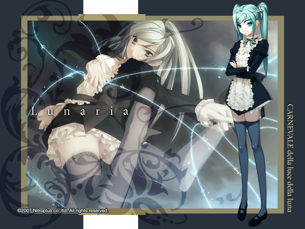 oosaki shin'ya, lunaria, gekkou no carnevale, nitroplus, aqua hair, black thighhighs, blue eyes, blush, cross, crossed arms, dress, frills, hair ornament, lace, latin cross, long hair, maid, panties, pantyshot, short dress, thighhighs, twintails, underwear, zettai ryouiki