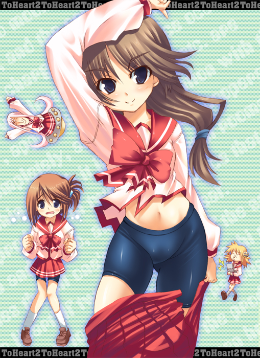 ichijou hitoshi, komaki ikuno, komaki manaka, lucy maria misora, sasamori karin, to heart (series), to heart 2, white legwear, 00s, 4girls, arm up, arms up, bike shorts, blonde hair, blue eyes, blush, bow, brown hair, chibi, chibi inset, clenched hands, closed eyes, clothes pull, copyright name, folded ponytail, full body, green background, hair tie, knees together feet apart, loafers, long hair, long sleeves, low-tied long hair, midriff, multiple girls, navel, open mouth, outline, pink hair, pleated skirt, ponytail, school uniform, serafuku, shirt, shoes, siblings, sisters, skirt, skirt pull, smile, socks, spandex, tears, ufo, undressing, very long hair