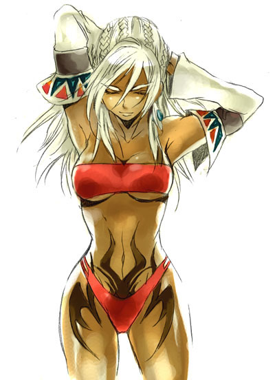 shania, shadow hearts, shadow hearts from the new world, 1girl, bandeau, bikini, breasts, dark-skinned female, dark skin, detached sleeves, female focus, large breasts, red bikini, solo, strapless, swimsuit, tattoo, tube top, underboob, white hair