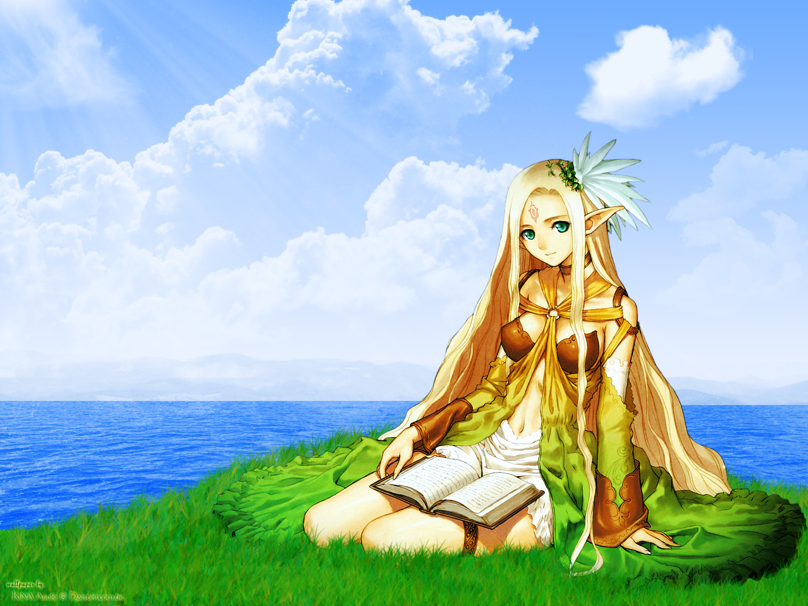 tony taka, celestia, eternal forest's chanting, sega, shining (series), shining wind, highres, blonde hair, blue eyes, book, breasts, elf, eye contact, facial mark, forehead mark, long hair, looking at another, midriff, narrow waist, pointy ears, skirt
