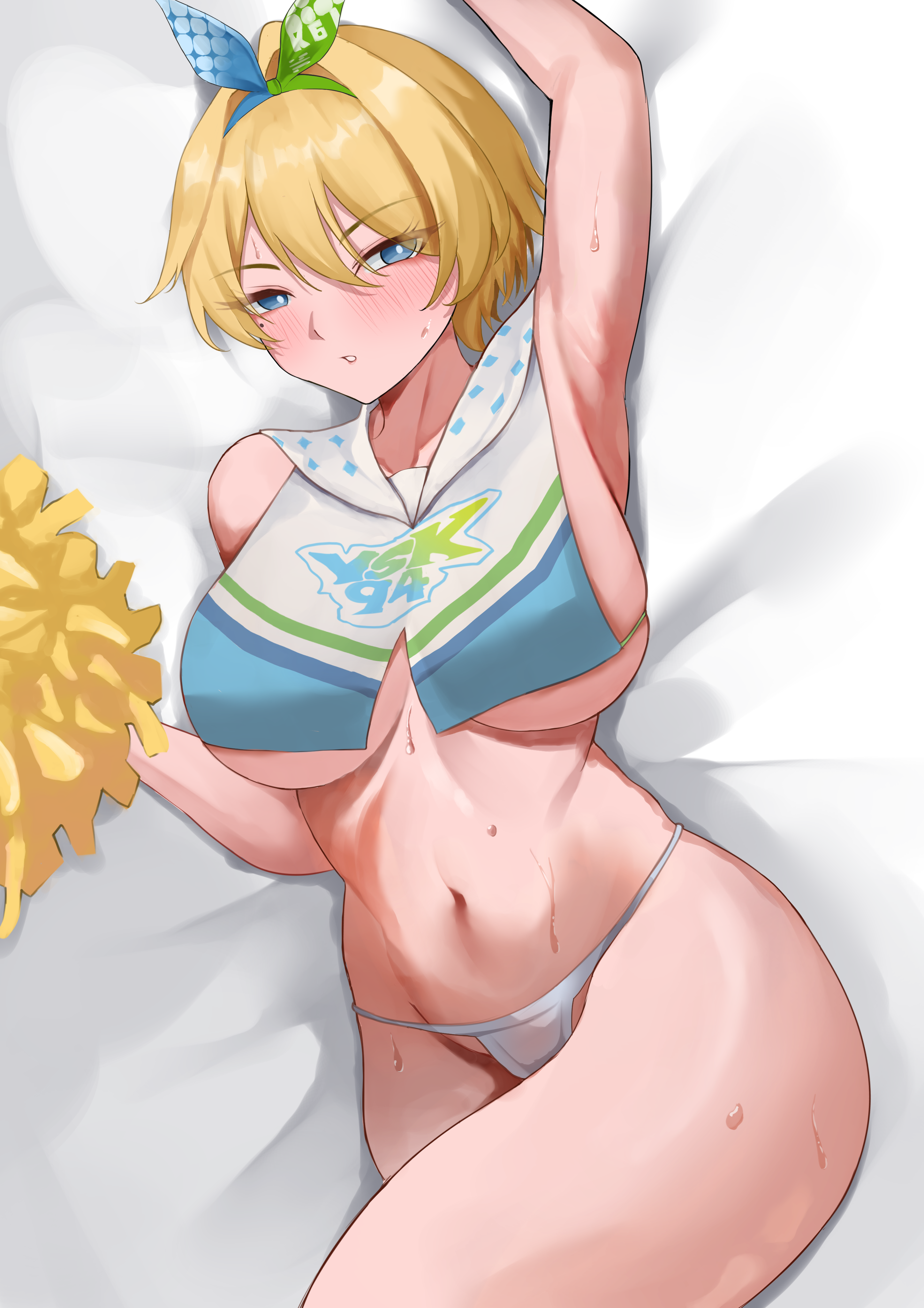 fiftya, nikketa (girls' frontline 2), vsk-94 (girls' frontline), girls' frontline, girls' frontline 2: exilium, absurdres, commentary, english commentary, highres, paid reward available, 1girl, arm up, armpits, bare shoulders, bed sheet, blonde hair, blue eyes, blue hairband, blue shirt, blush, bow hairband, breasts, cheerleader, clothes writing, collarbone, cowboy shot, crop top, green hairband, groin, hair between eyes, hair intakes, hair ornament, hairband, holding, holding pom poms, large breasts, looking at viewer, mole, mole under eye, navel, nikketa (dance like the blazing sun) (girls' frontline 2), no pants, official alternate costume, panties, parted lips, pom pom (cheerleading), pom poms, sailor collar, shadow, shirt, short hair, sidelocks, sleeveless, sleeveless shirt, solo, stomach, sweat, two-tone hairband, two-tone shirt, underboob, underwear, white panties, white sailor collar, white shirt