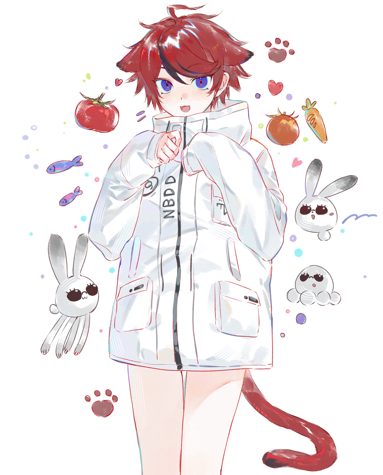aotsuki eito, sumino takumi, the hundred line -last defense academy-, chinese commentary, commentary request, highres, 1boy, :3, :d, ahoge, animal ears, animalization, aotsuki eito (cosplay), black streaks, blue eyes, breast pocket, carrot, cat boy, cat ears, cat tail, chi bu92189, cosplay, cowboy shot, extra ears, eyewear on animal, fish, food, fruit, hands up, jacket, kemonomimi mode, looking at viewer, male focus, multicolored hair, no pants, octopus, open mouth, orange (fruit), paw print, pocket, rabbit, red hair, short hair, smile, solo, streaked hair, sunglasses, tail, tomato, white background, white jacket