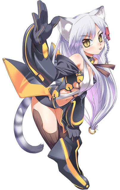 koume keito, foxbat (cannonball), cannonball ~neko neko machine mou-race!~, official art, 1girl, :p, animal ears, blush, boots, braid, braided hair rings, breasts, cat ears, cat tail, covered erect nipples, female focus, full body, gloves, hair rings, long hair, midriff, navel, simple background, slit pupils, solo, tail, thighhighs, tongue, tongue out, white background, white hair, yellow eyes