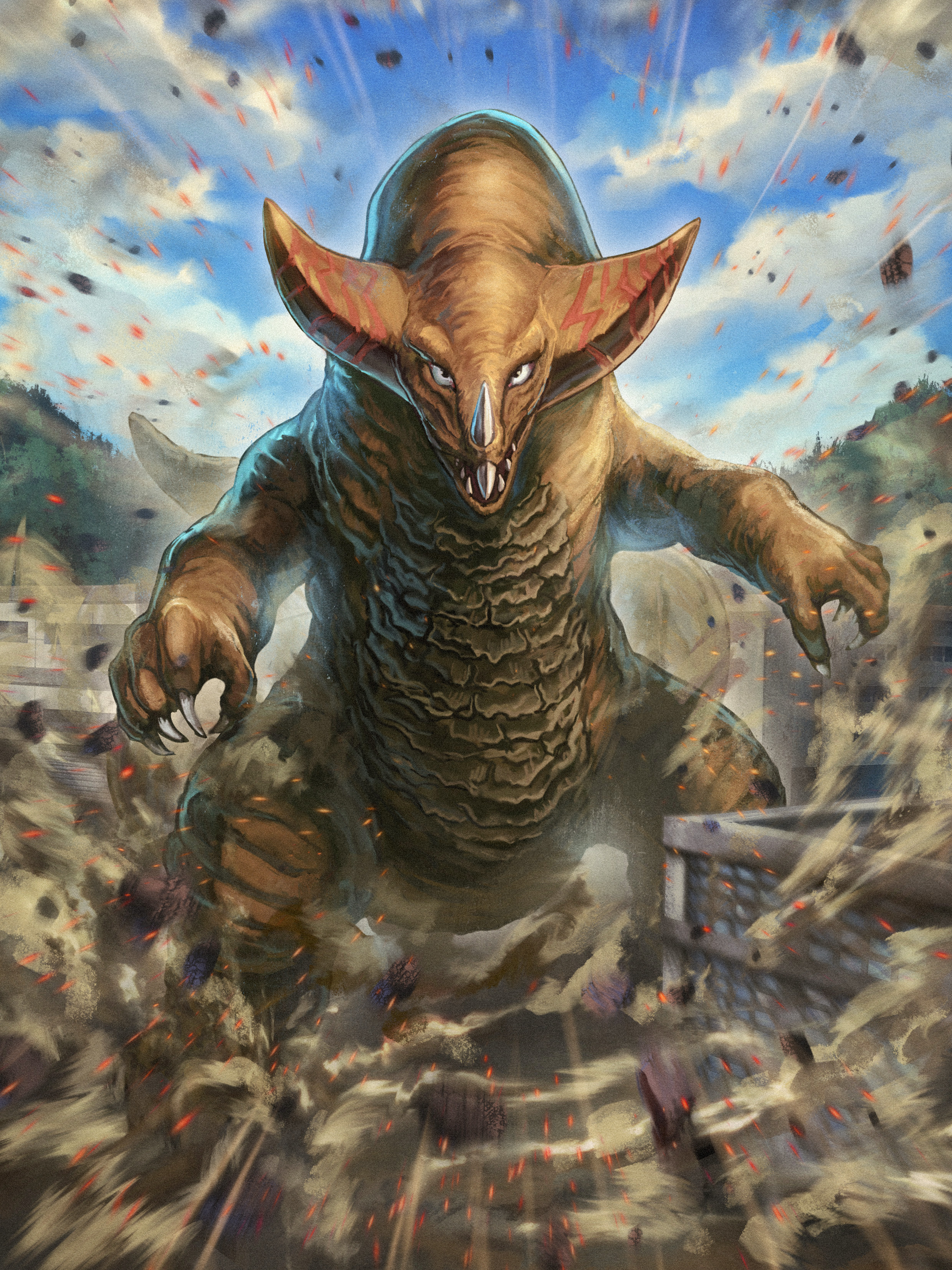 robuja, gomora, ultra series, ultraman (1st series), absurdres, commentary, highres, blue sky, blurry, brown scales, building, claws, cloud, cloudy sky, day, debris, depth of field, destruction, dinosaur, dust cloud, emphasis lines, feet out of frame, film grain, horns, kaiju, light particles, long tail, looking at viewer, monster, monster focus, mountainous horizon, multiple horns, no humans, nose horn, open mouth, outdoors, scales, sharp teeth, sky, solo, tail, teeth, tokusatsu, town, tree