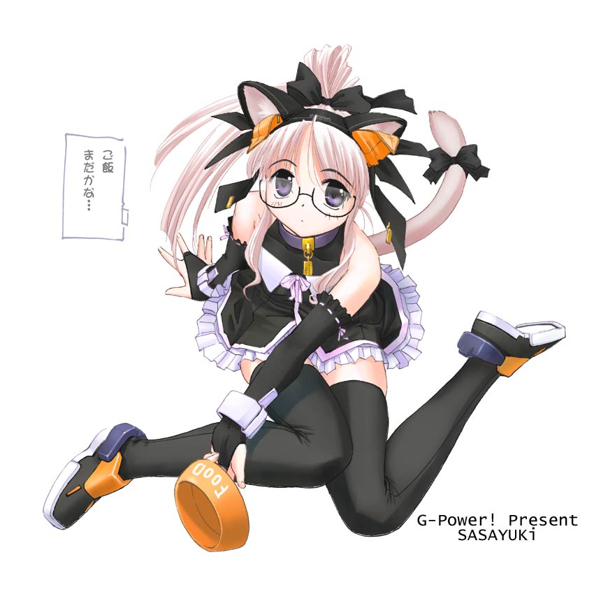 animal ears, blush, cat ears, cat tail, glasses, long hair, skirt, tail, thighhighs