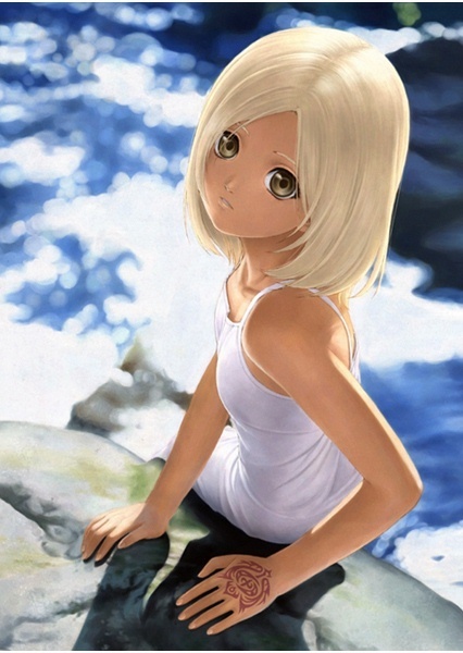 artist request, character request, copyright request, tagme, 1girl, blonde hair, brown eyes, female focus, flat chest, looking at viewer, looking up, short hair, sitting, skirt, solo, tattoo, water