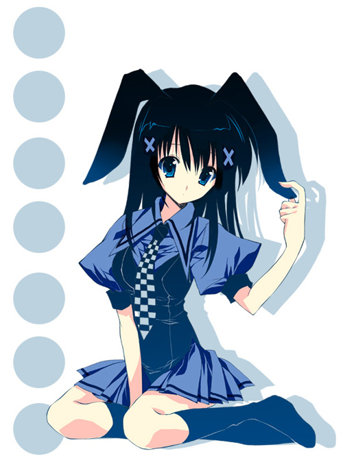 artist request, 1girl, animal ears, black hair, blue eyes, female focus, long hair, looking at viewer, necktie, rabbit ears, rabbit girl, school uniform, serafuku, short hair, skirt, solo