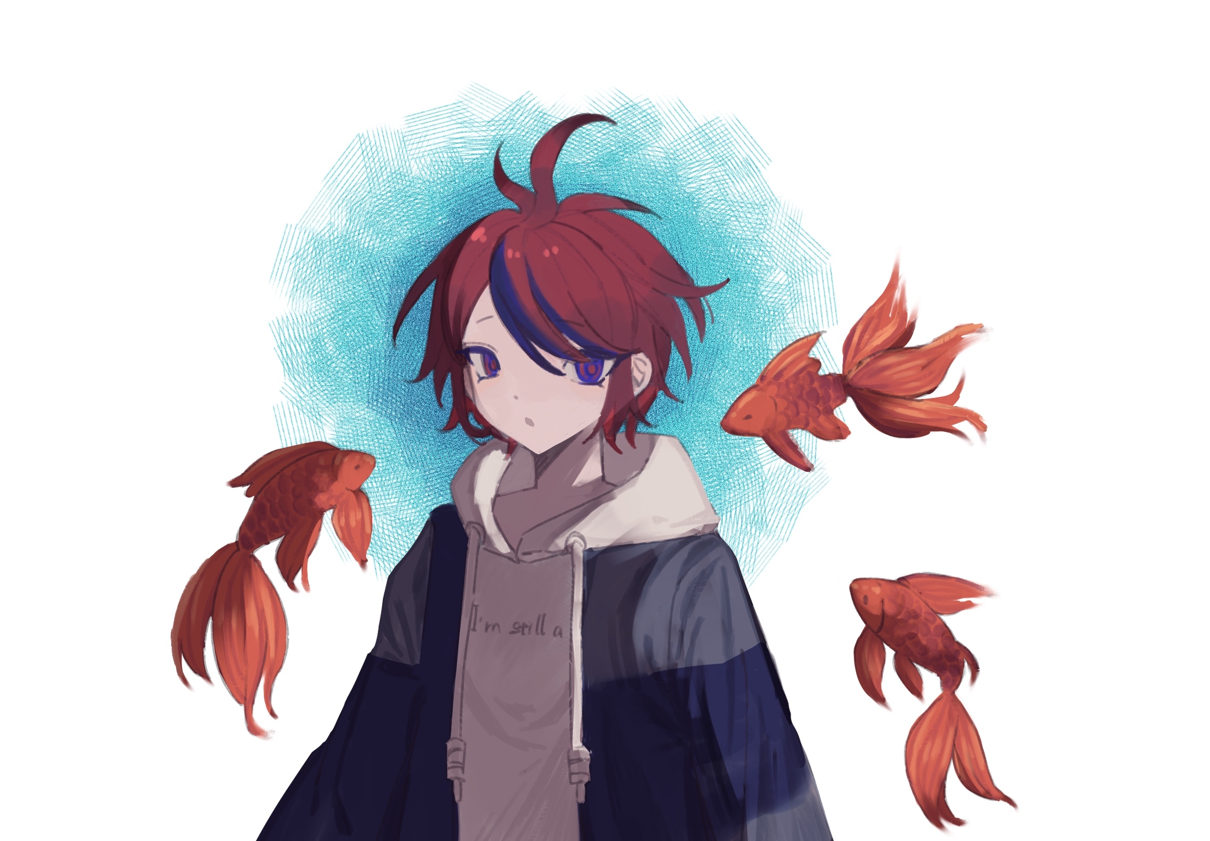 sumino takumi, the hundred line -last defense academy-, chinese commentary, commentary request, highres, 1boy, ahoge, blue eyes, blue hair, blue jacket, clothes writing, drawstring, fish, goldfish, grey jacket, hair between eyes, hood, hood down, hoodie, jacket, jacket over hoodie, long sleeves, male focus, multicolored hair, multicolored jacket, open clothes, open jacket, parted lips, red hair, short hair, solo, streaked hair, two-tone hair, two-tone jacket, upper body, white hoodie, xinjinjumin497796481261