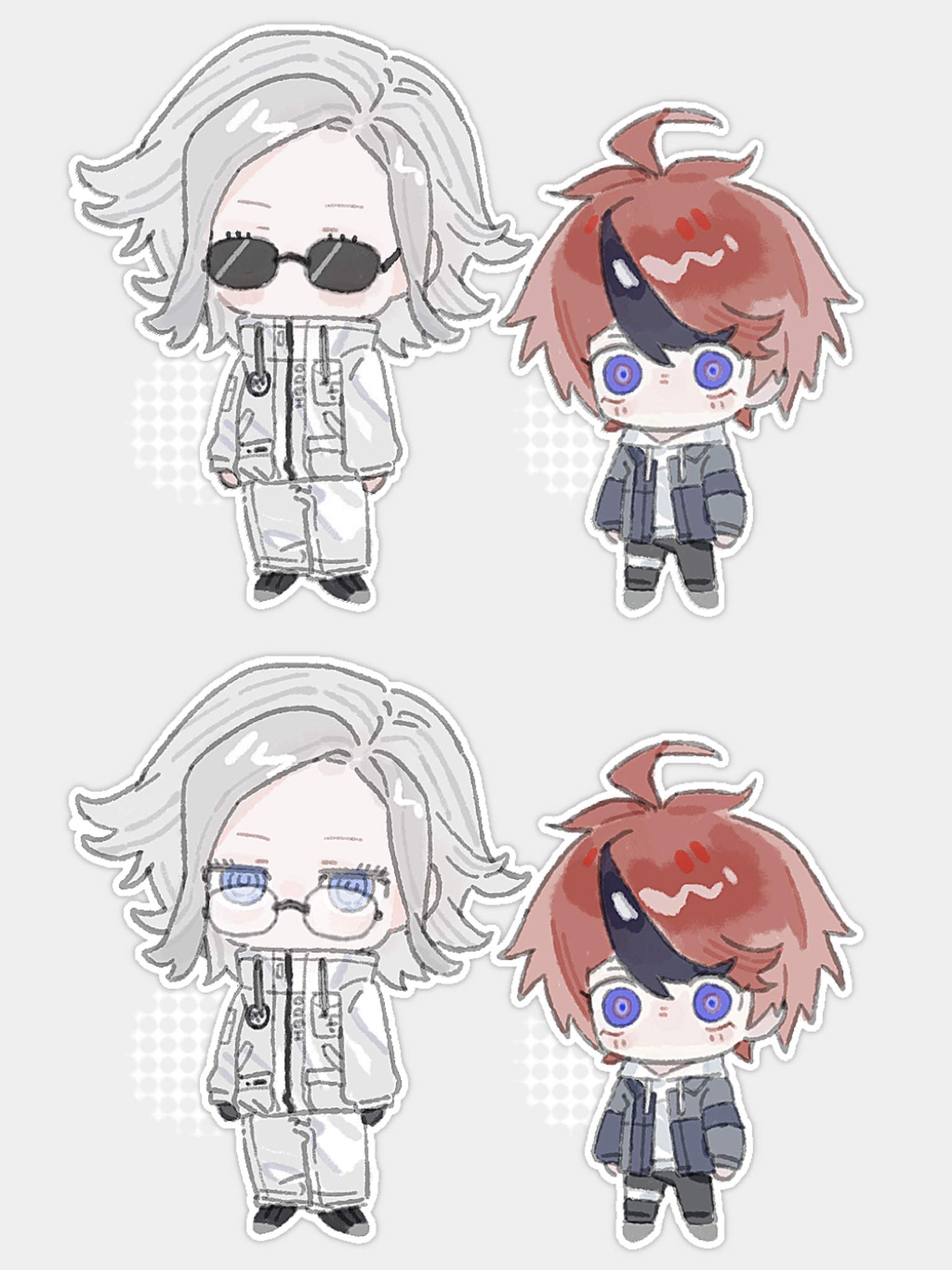 g-192, aotsuki eito, sumino takumi, the hundred line -last defense academy-, chinese commentary, commentary request, highres, spoilers, 2boys, ahoge, black gloves, black hair, black pants, black shoes, blue eyes, blush stickers, chibi, chibi only, drawstring, eyelashes, glasses, gloves, grey background, grey jacket, grey shoes, height difference, high collar, hood, hood down, hoodie, jacket, jacket over hoodie, jitome, long sleeves, male focus, medium hair, multicolored hair, multiple boys, no gloves, no mouth, open clothes, open jacket, outline, pants, pocket, red hair, shoes, short hair, streaked hair, sunglasses, thigh strap, two-tone hair, white hair, white hoodie, white jacket, white outline, white pants