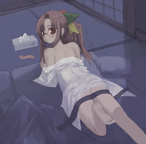 kashiwamochi yomogi, ass, blush, bow, glasses, long hair, no panties, open clothes, open shirt, shirt