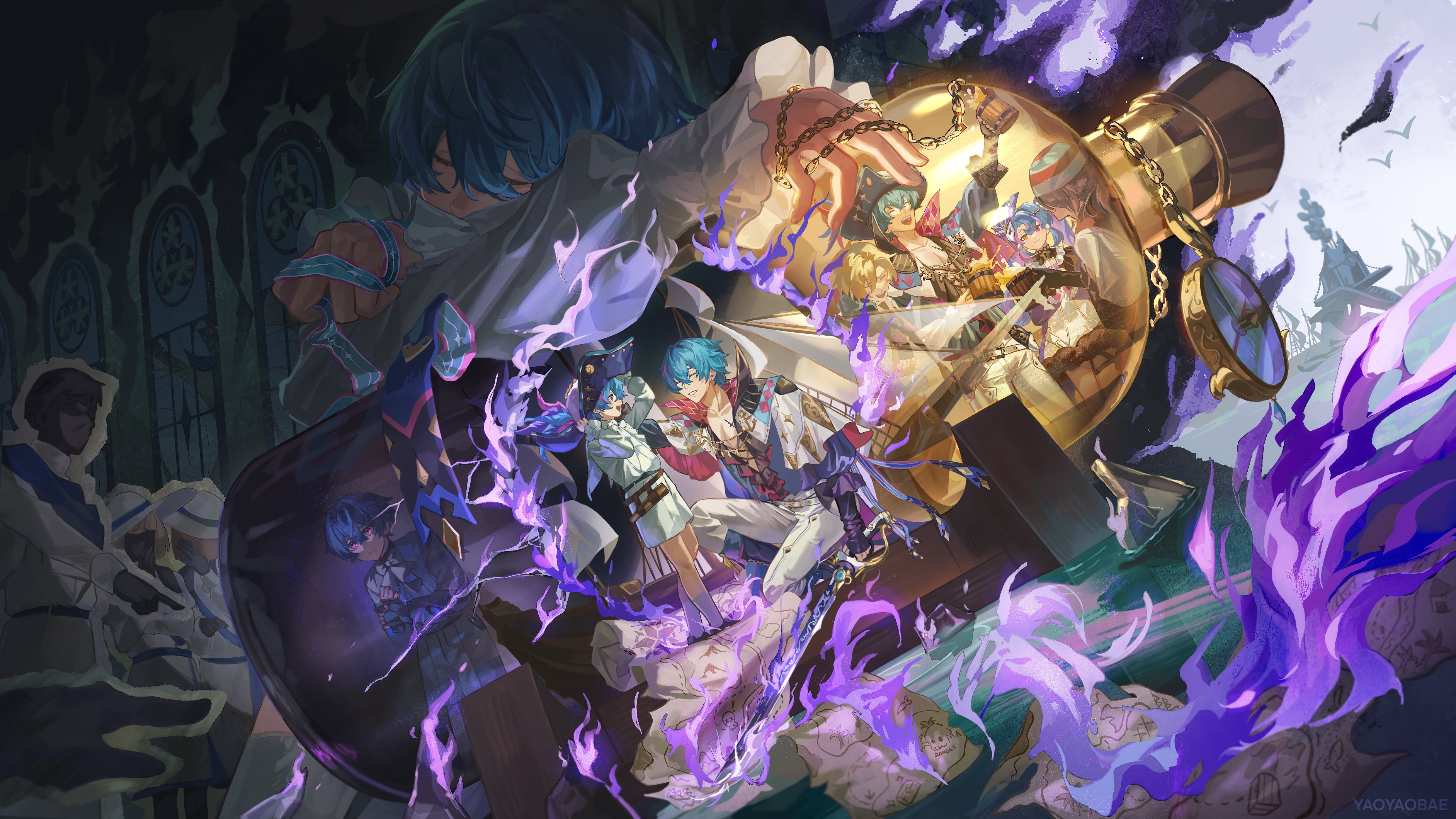 yaoyaobae, brant (wuthering waves), roccia (wuthering waves), wuthering waves, absurdres, commentary, english commentary, highres, 1girl, 6+boys, age progression, aged down, anchor symbol, arm around shoulder, arm up, bandana, belt, belt buckle, black boots, black shoes, blonde hair, blue hair, blue shirt, blurry, boots, bottle, bow, bowtie, brown hair, buckle, capelet, chain, closed eyes, closed mouth, compass, cork, cup, depth of field, dress, drink, earrings, fire, hair between eyes, hair over one eye, hand on another's head, hands on headwear, hat, hat feather, heterochromia, holding, holding cup, holding sword, holding weapon, in bottle, in container, jewelry, lace-up boots, long sleeves, looking ahead, looking at another, male focus, map, mask, mask on head, multicolored hair, multiple boys, multiple persona, on one knee, open clothes, open mouth, open shirt, pants, parted bangs, parted lips, people, puffy long sleeves, puffy sleeves, purple eyes, purple fire, purple hair, ship, ship in a bottle, shirt, shoes, short hair, shorts, simple bird, smile, socks, stained glass, standing, streaked hair, striped bandana, stud earrings, sweater guard, sword, tacet mark (wuthering waves), tankard, teeth, time paradox, toasting (gesture), tricorne, two-sided capelet, two-tone hair, upper teeth only, water, watercraft, weapon, white belt, white bow, white bowtie, white capelet, white dress, white hat, white pants, white shirt, white shorts, white socks, window, yellow eyes