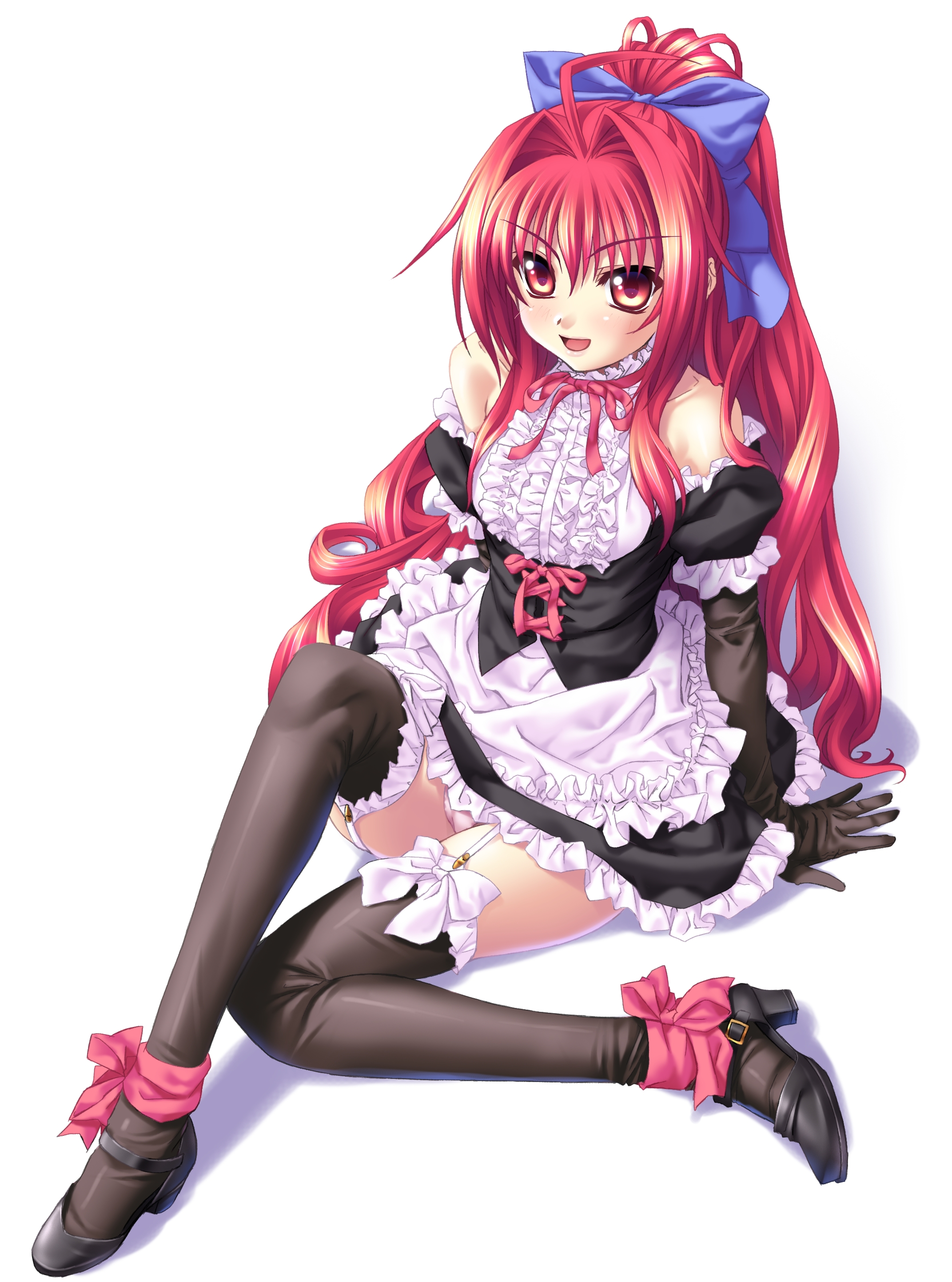 kannatsuki noboru, corticarte apa lagranges, shinkyoku soukai polyphonica, absurdres, highres, 00s, 1girl, bare shoulders, blush, bow, female focus, frills, garter belt, hair bow, lace, lingerie, long hair, maid, panties, pantyshot, ponytail, red hair, ribbon, skirt, solo, thighhighs, underwear, waitress