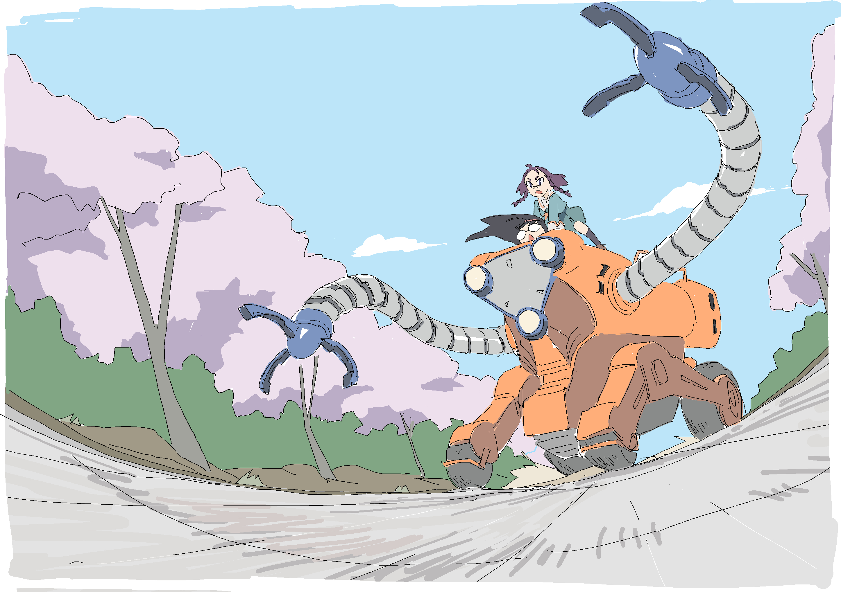 mmmkawaine, copyright request, highres, 2girls, black hair, blue shirt, blue skirt, blue sky, braid, bush, cherry blossoms, claws, cloud, dust, dust cloud, forehead, glasses, hairband, machinery, mini eyewear, motion lines, multiple girls, orange hairband, orange ribbon, purple hair, ribbon, riding, road, school uniform, serafuku, shirt, skirt, sky, tree, twin braids, wheel