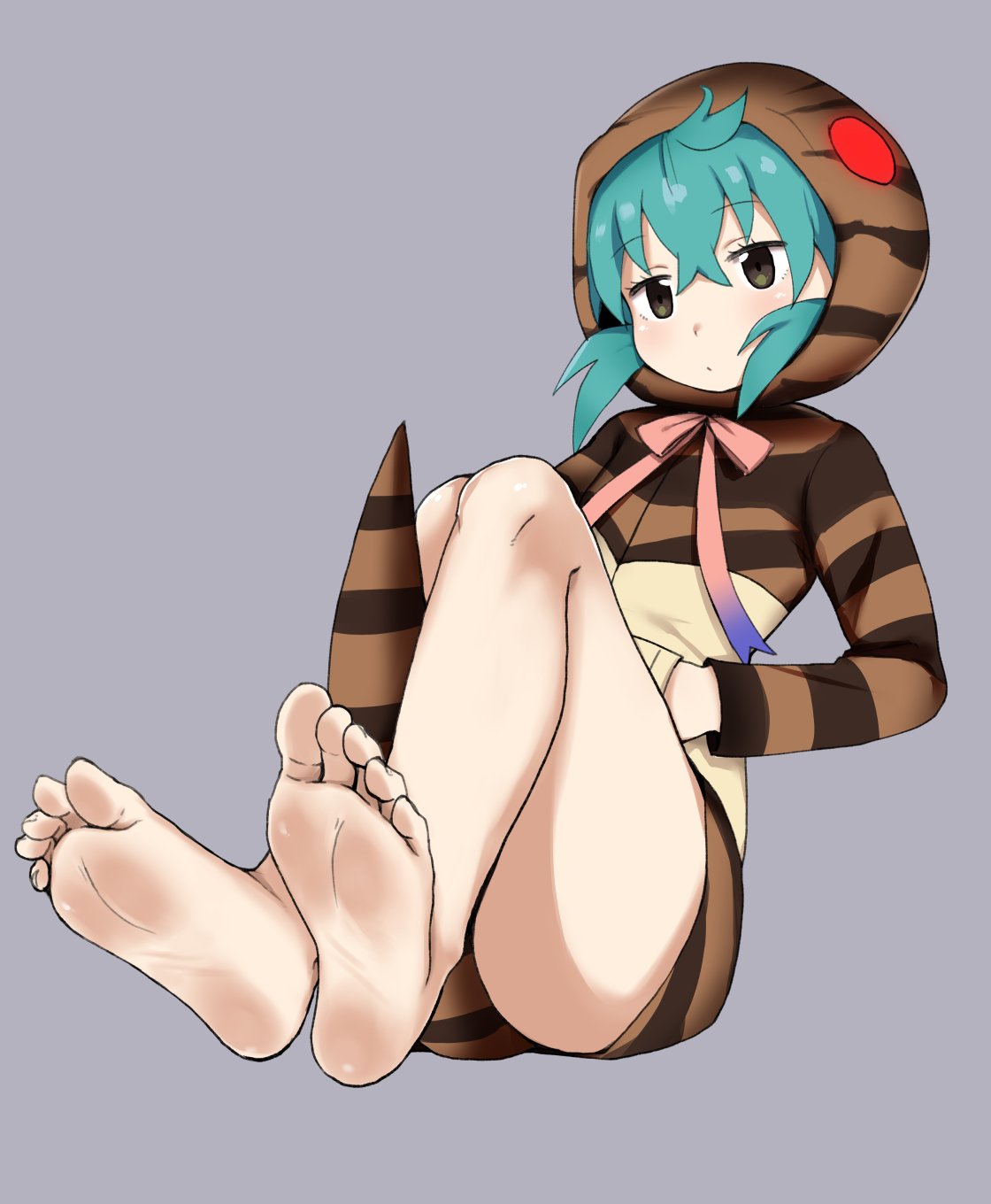 satou (su9arsatou), tsuchinoko (kemono friends), kemono friends, commentary, highres, 1girl, animal hood, aqua hair, bare legs, barefoot, brown eyes, feet, foot focus, full body, gradient ribbon, grey background, hair between eyes, hand in pocket, hood, hood up, hoodie, legs, long sleeves, neck ribbon, pink ribbon, ribbon, short hair, simple background, sitting, snake print, snake tail, soles, solo, striped clothes, striped hoodie, striped tail, tail, toes