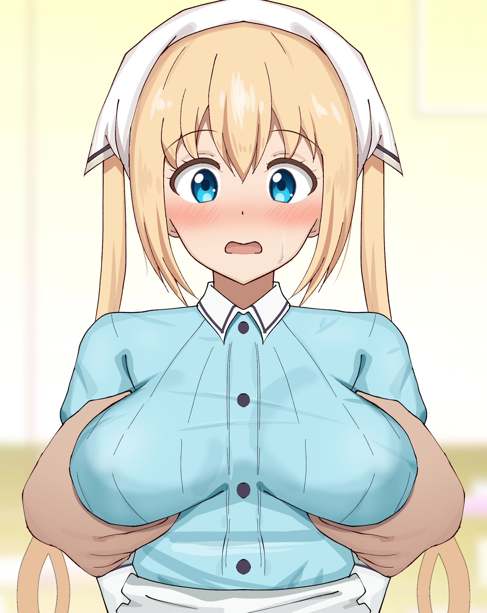 poa mellhen, hinata kaho, blend s, absurdres, commentary request, highres, 1girl, blonde hair, blue dress, blue eyes, blush, breasts, collared dress, disembodied hand, dress, grabbing another's breast, grabbing from behind, groping, hat, large breasts, long hair, looking at viewer, open mouth, solo focus, stile uniform, twintails, upper body, white hat, yellow background