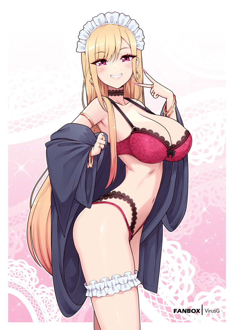 virus-g, kitagawa marin, sono bisque doll wa koi wo suru, 1girl, armlet, black bra, black choker, black panties, black shirt, blonde hair, bra, bracelet, breasts, choker, cleavage, earrings, gold bracelet, gold earrings, grin, jewelry, large breasts, long hair, looking at viewer, maid headdress, multiple rings, off shoulder, panties, pink eyes, red bra, red panties, ring, shirt, smile, solo, underwear, v, very long hair