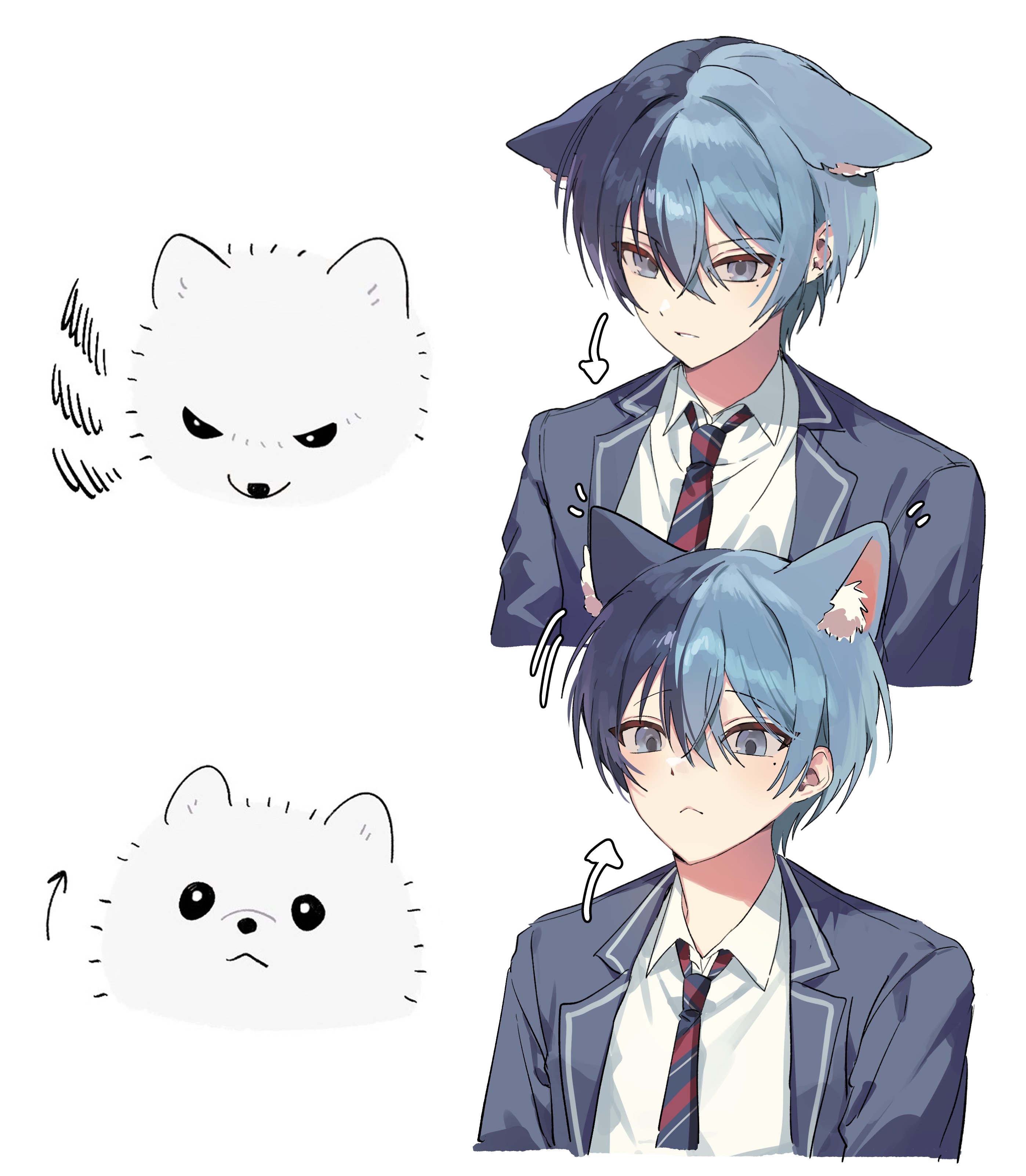 gaech0, aoyagi touya, project sekai, absurdres, commentary request, highres, korean commentary, angry, animal ear fluff, animal ears, arrow (symbol), blue eyes, blue hair, closed mouth, collared shirt, diagonal-striped clothes, diagonal-striped necktie, dog, extra ears, kamiyama high school uniform (project sekai), lapels, male focus, mole, mole under eye, multicolored hair, necktie, notched lapels, notice lines, school uniform, shirt, short hair, split-color hair, striped clothes, two-tone hair, upper body, white background